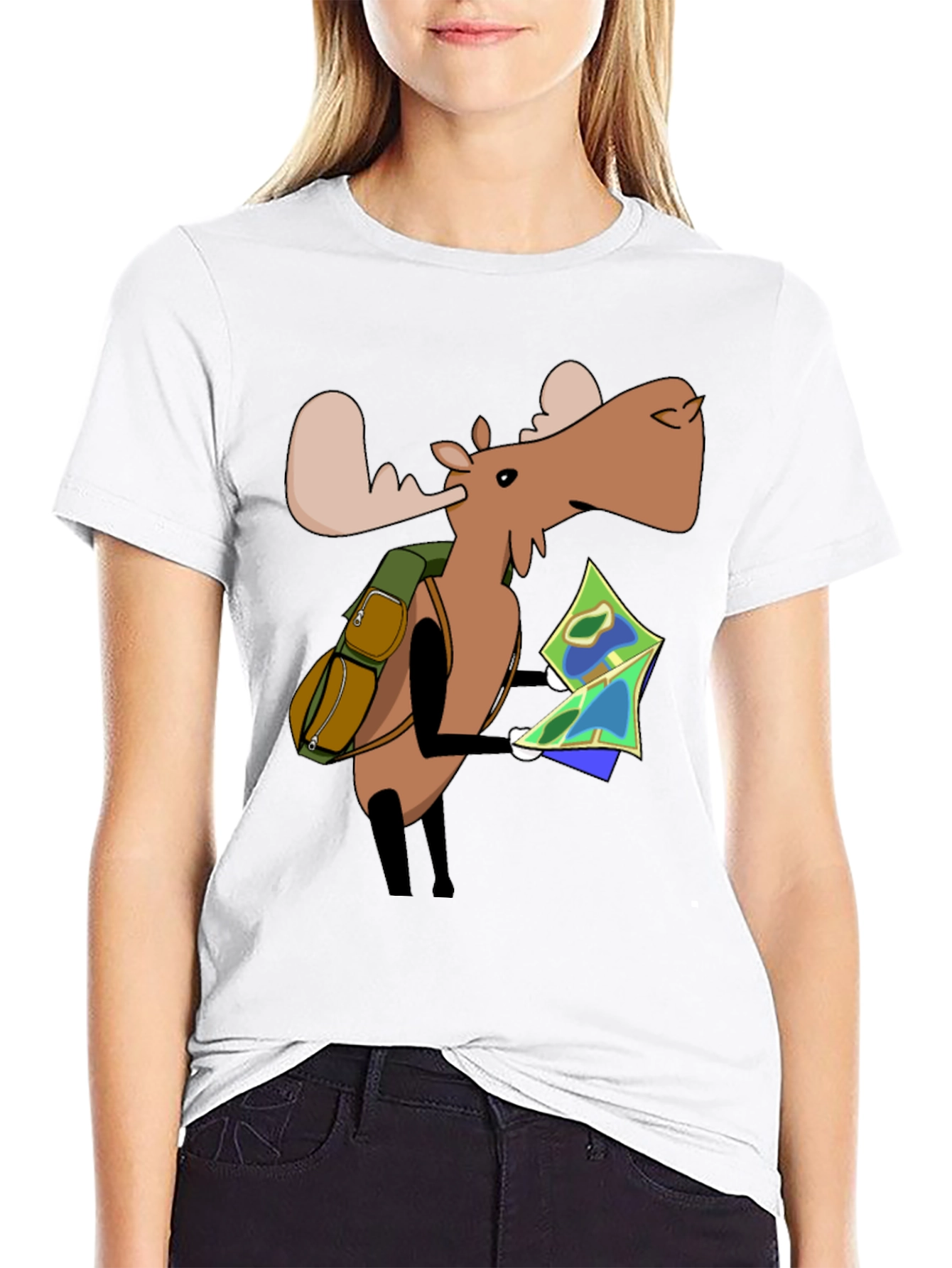 Cartoon Moose with Map T-Shirt - Black