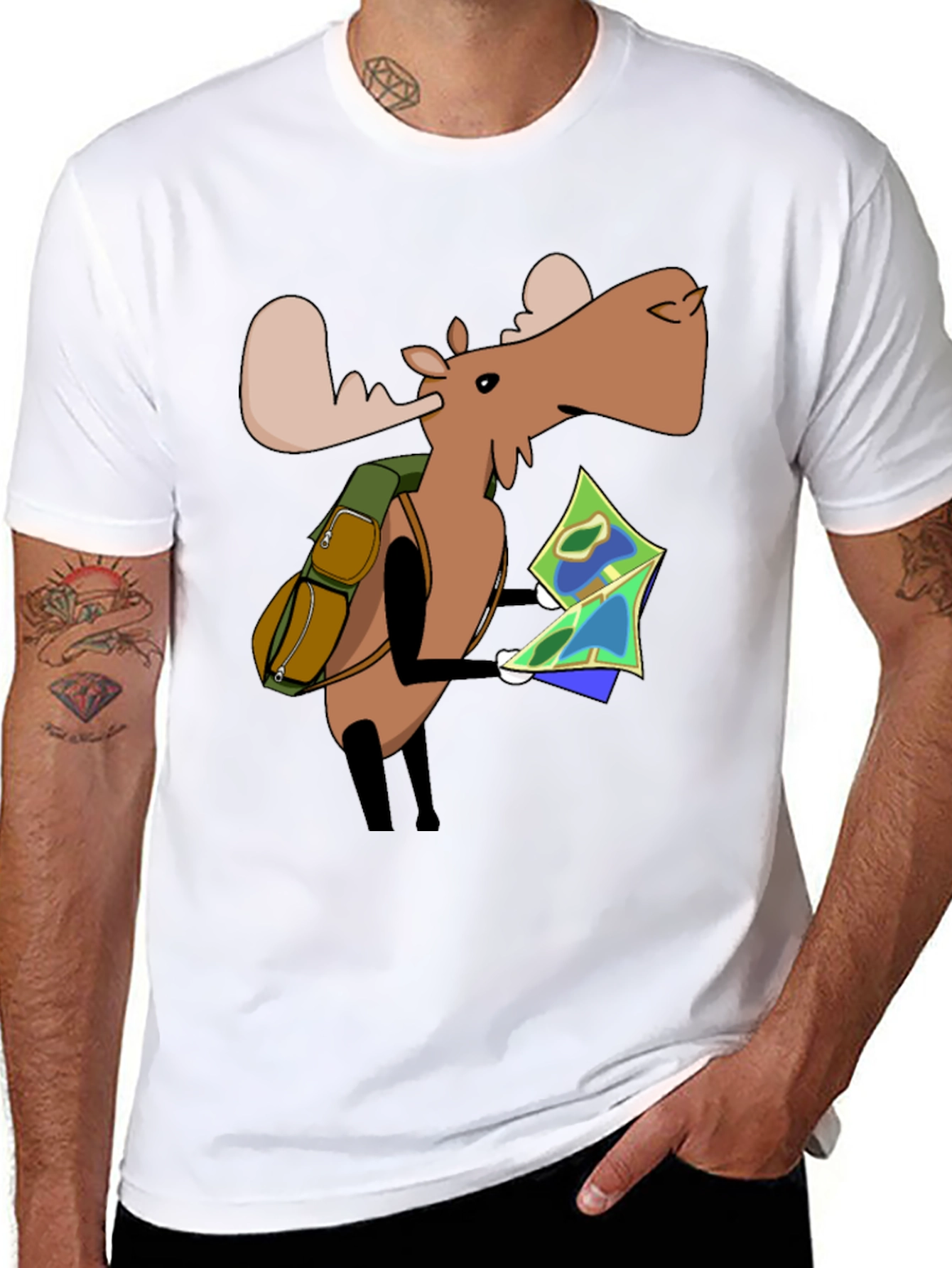 Cartoon Moose with Map T-Shirt - Black