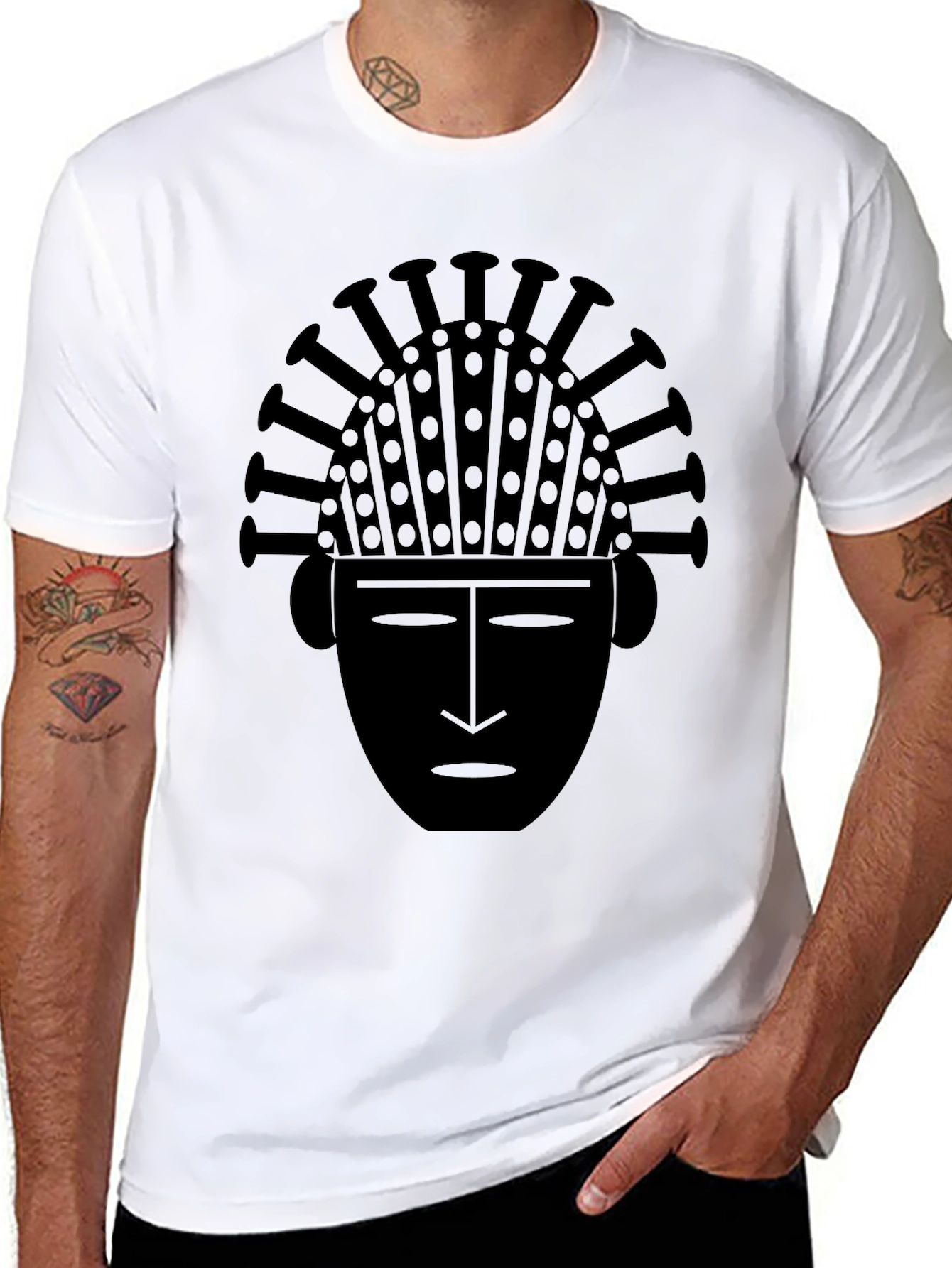 Tribal Mask Graphic Tee - Black Cotton T-Shirt