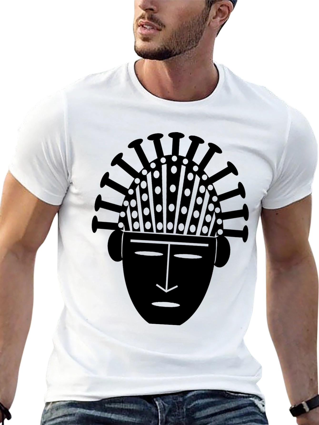 Tribal Mask Graphic Tee - Black Cotton T-Shirt