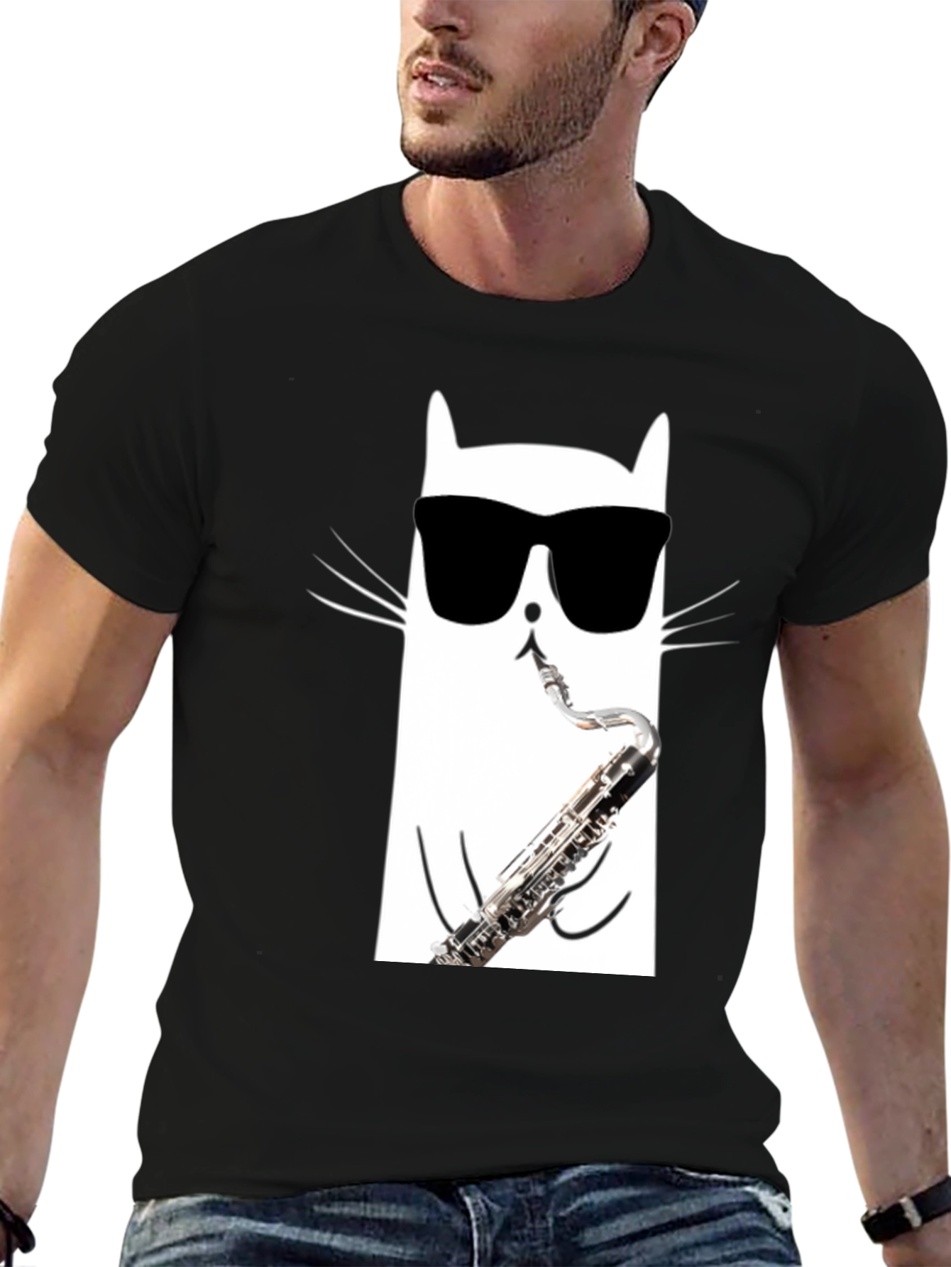 Cool Cat Saxophone T-Shirt - Black Cotton Tee