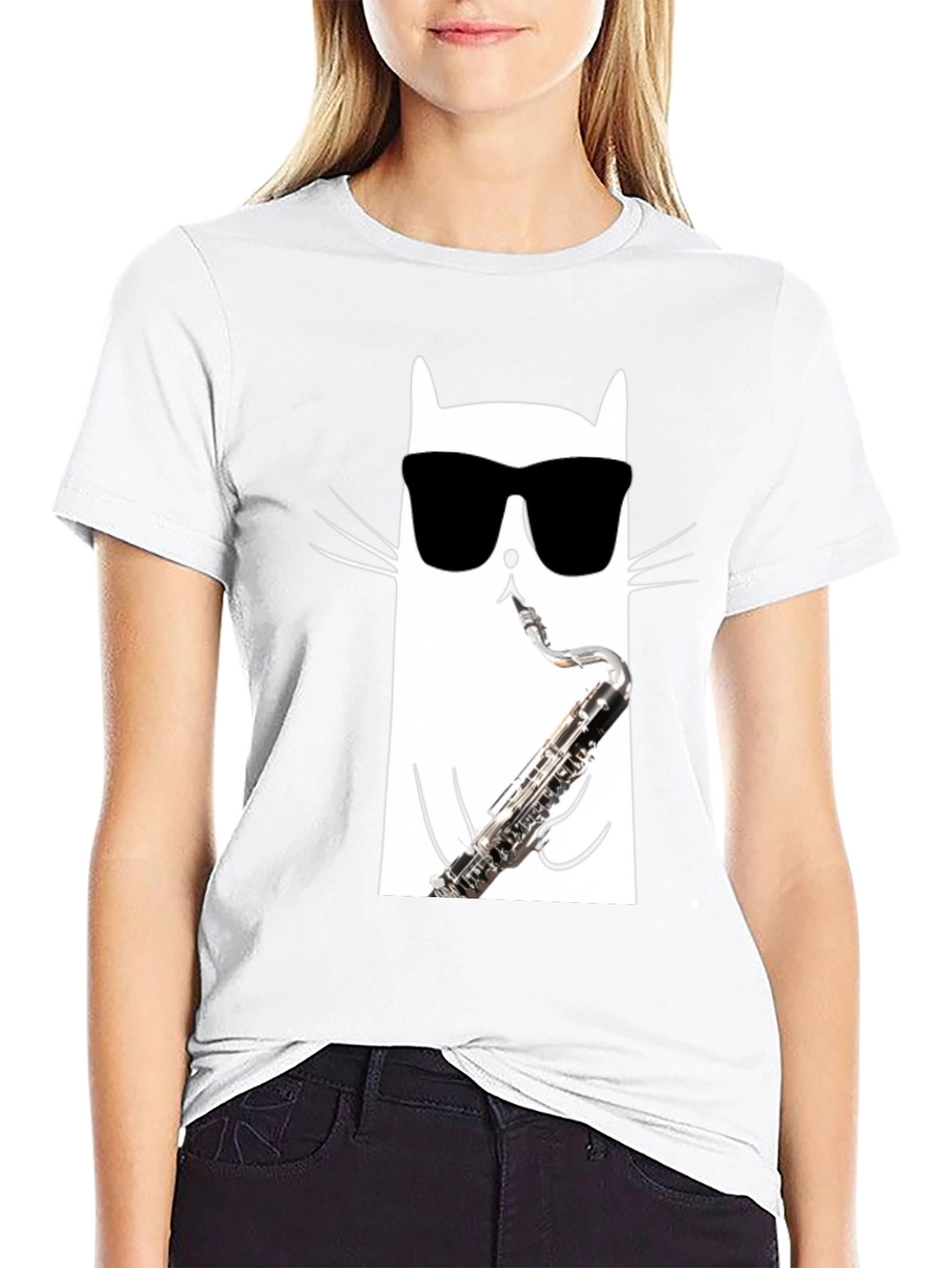Cool Cat Saxophone T-Shirt - Black Cotton Tee