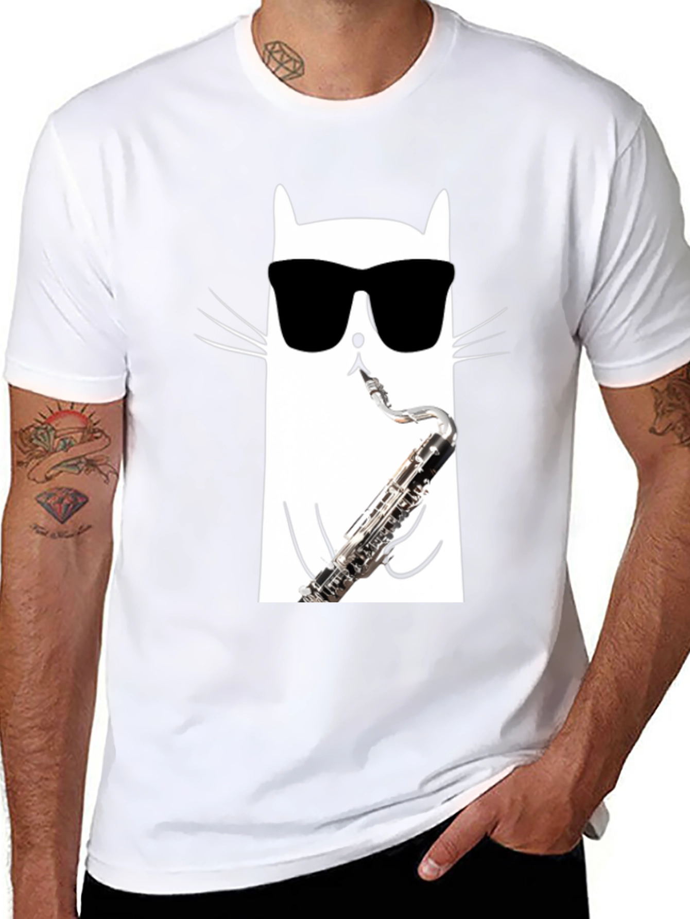 Cool Cat Saxophone T-Shirt - Black Cotton Tee