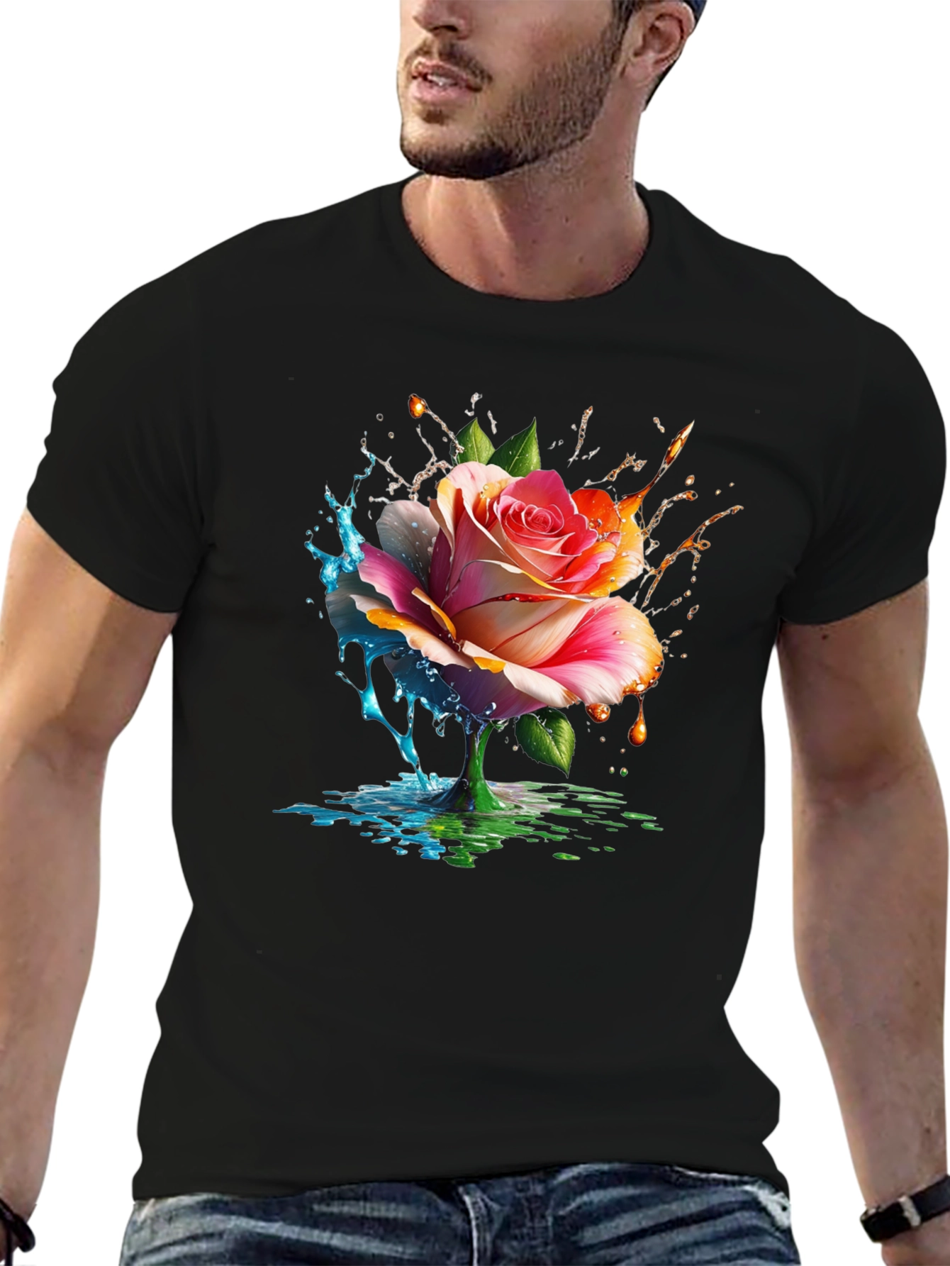 Floral Splash Graphic Tee - Mens Black T-Shirt