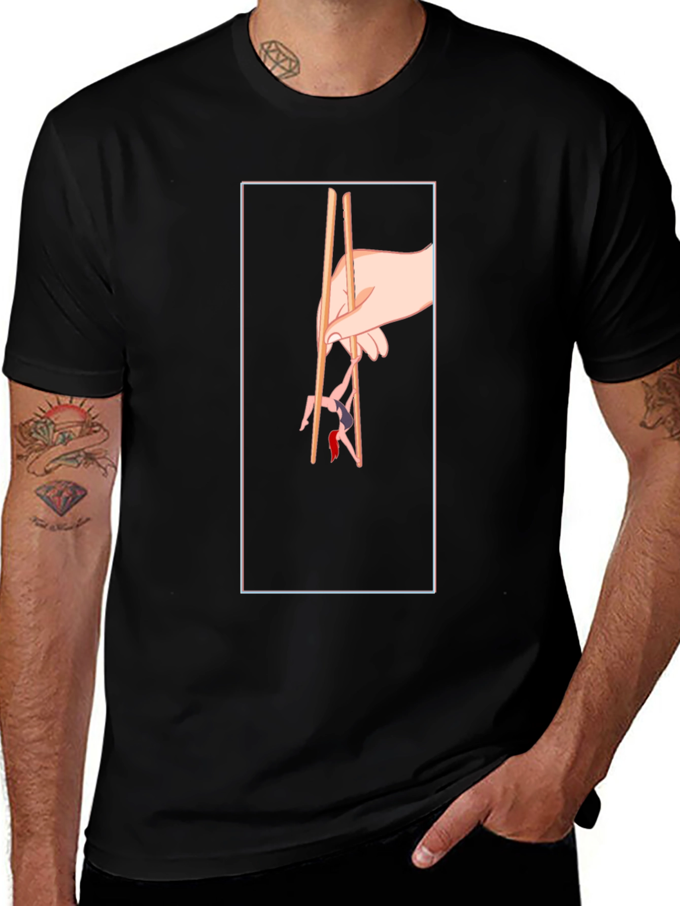 Funny Chopsticks Graphic Tee - Black Cotton T-Shirt