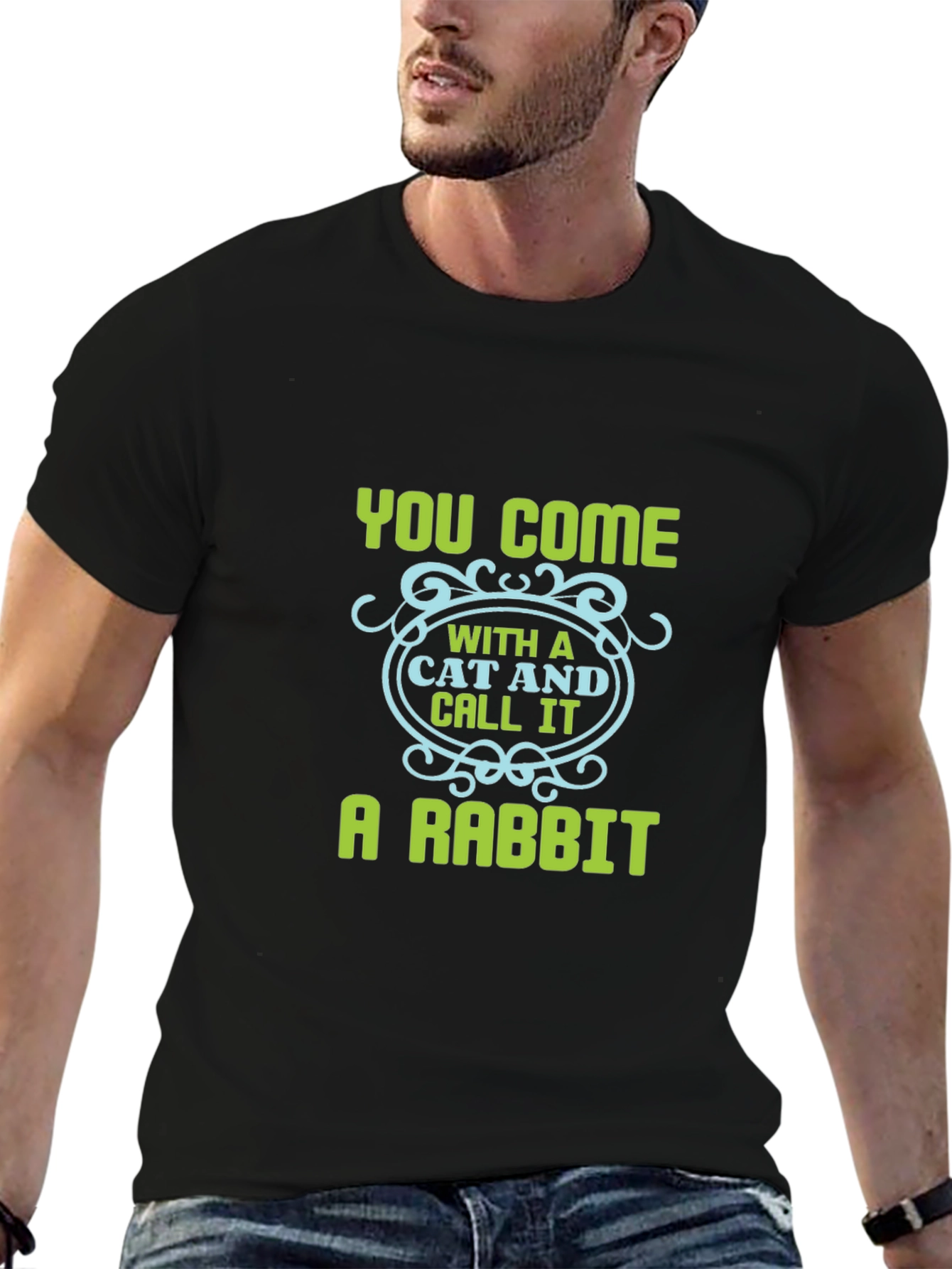 Humorous Cat & Rabbit Graphic Black Tee