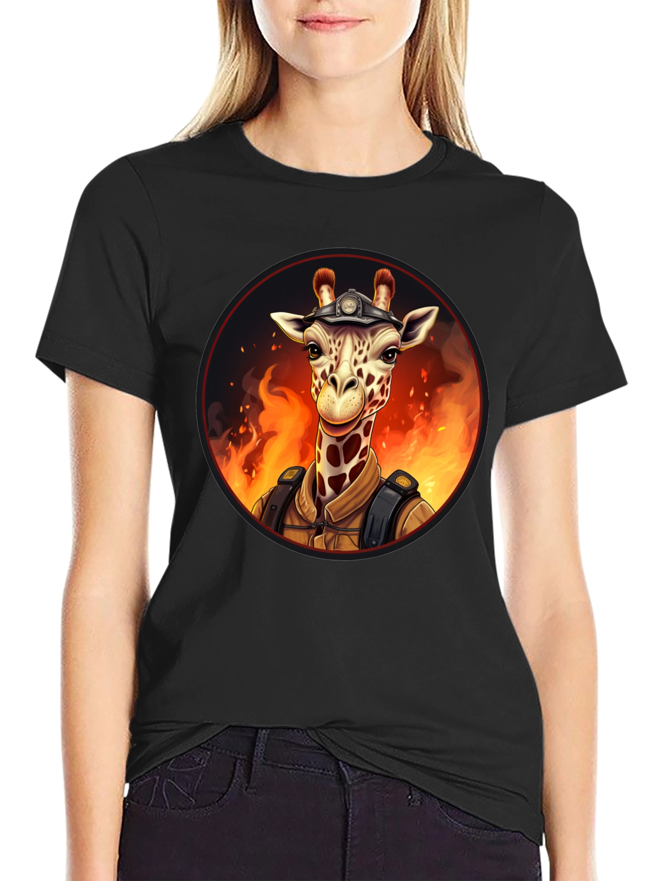Giraffe Firefighter Graphic Tee - Novelty Animal Design