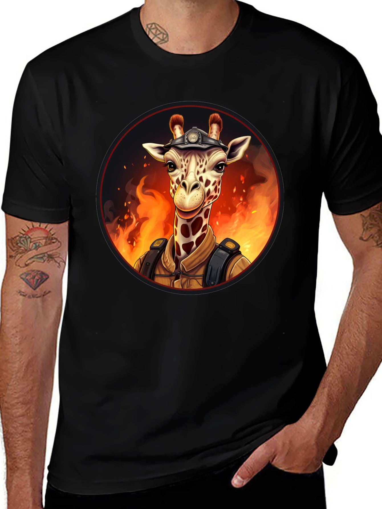 Giraffe Firefighter Graphic Tee - Novelty Animal Design