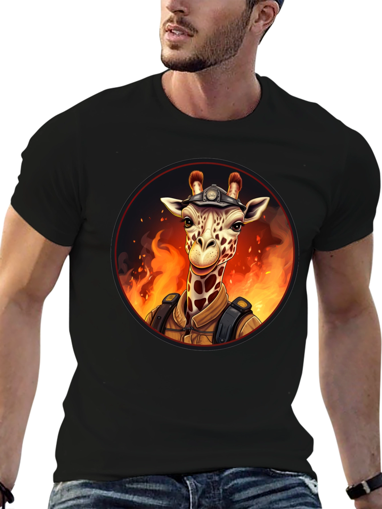 Giraffe Firefighter Graphic Tee - Novelty Animal Design