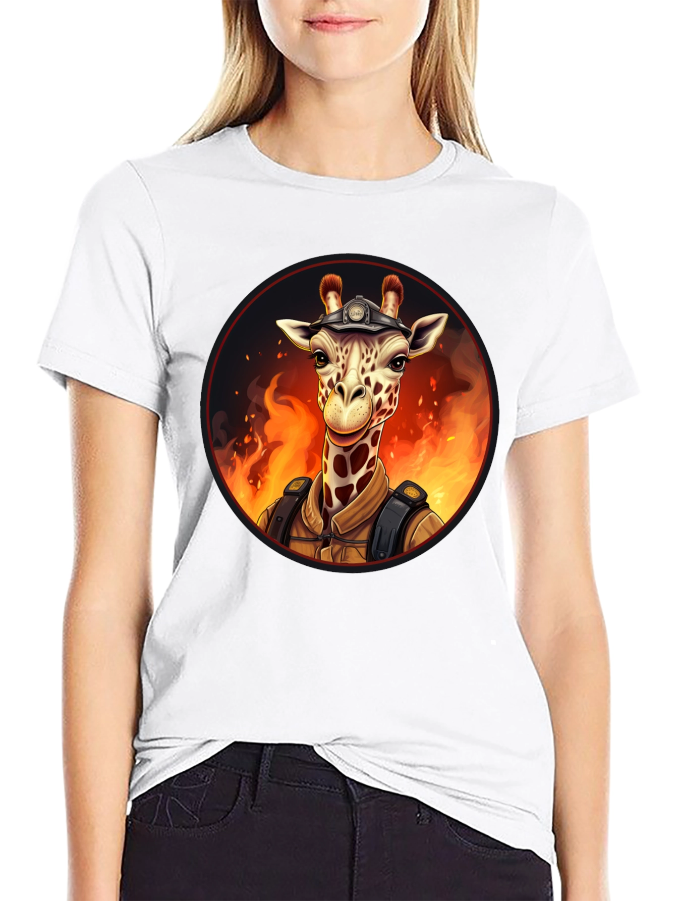 Giraffe Firefighter Graphic Tee - Novelty Animal Design