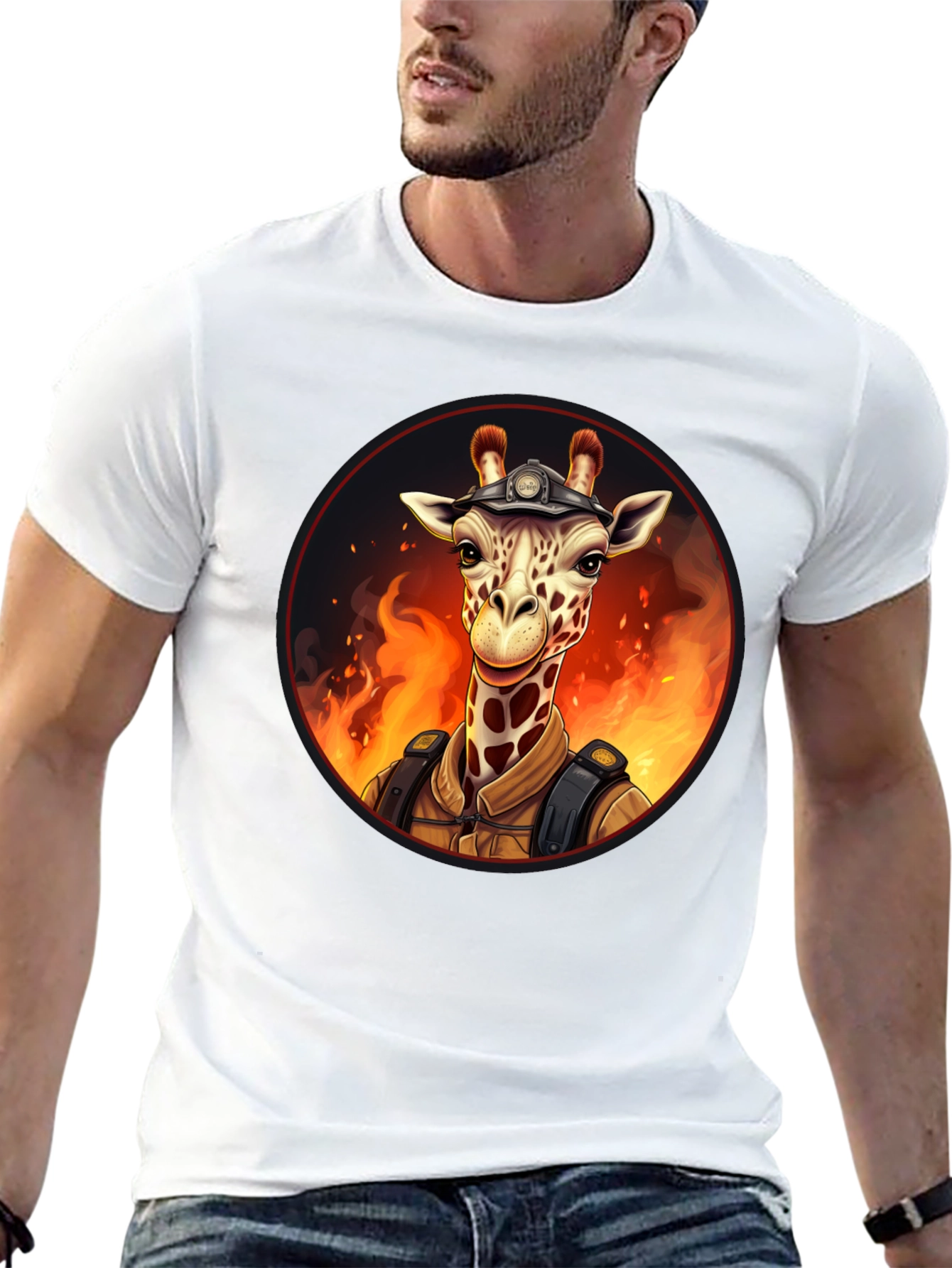 Giraffe Firefighter Graphic Tee - Novelty Animal Design