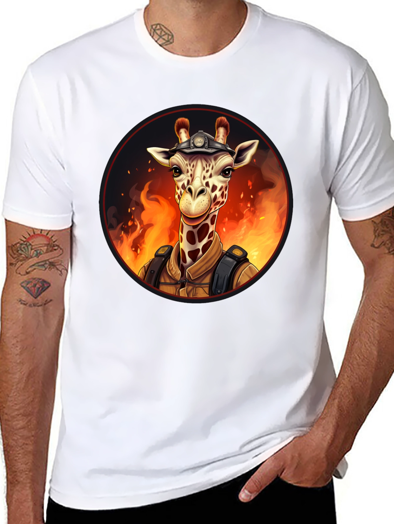 Giraffe Firefighter Graphic Tee - Novelty Animal Design