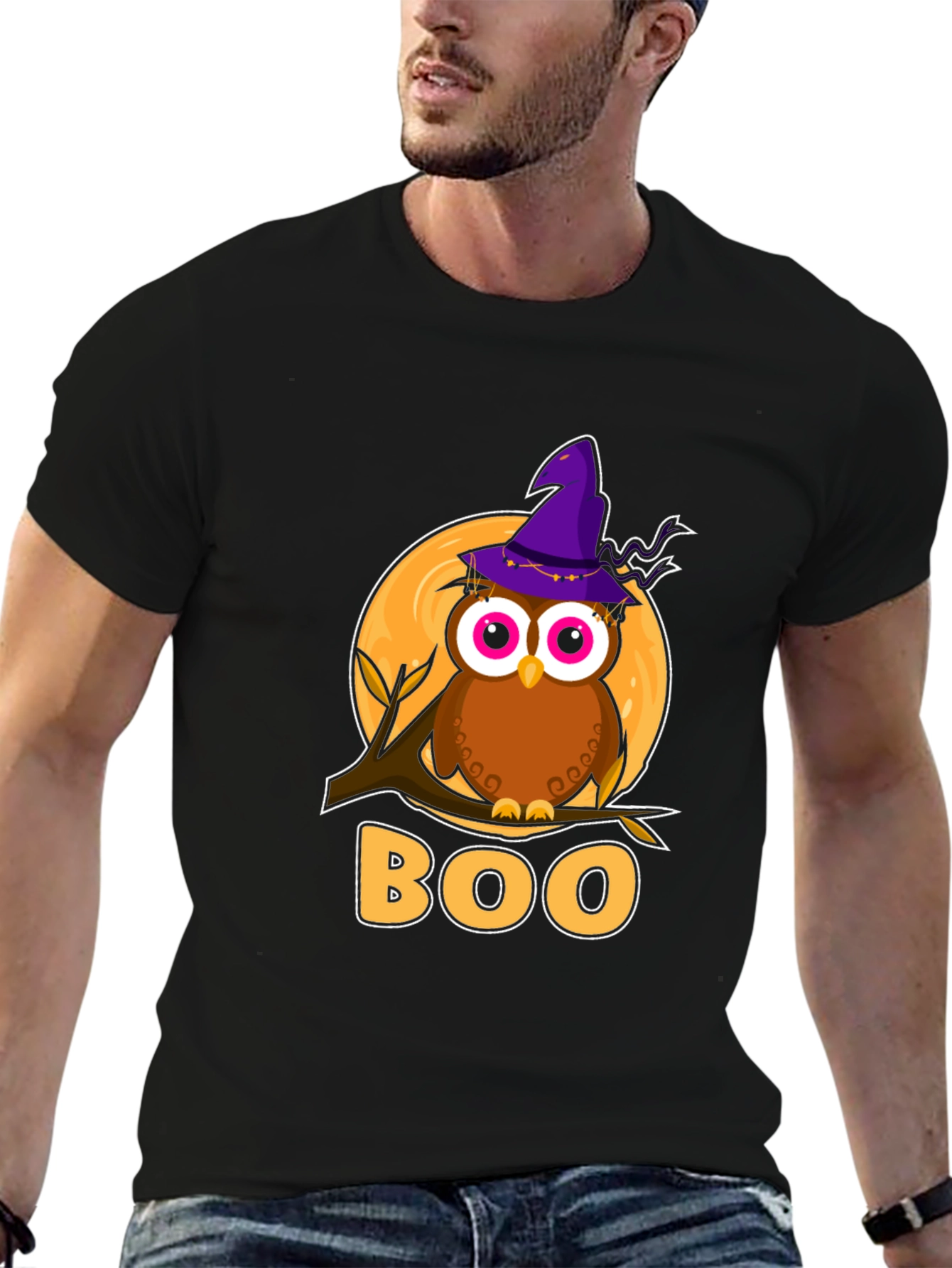 Halloween Owl Boo T-Shirt - Mens Black Tee