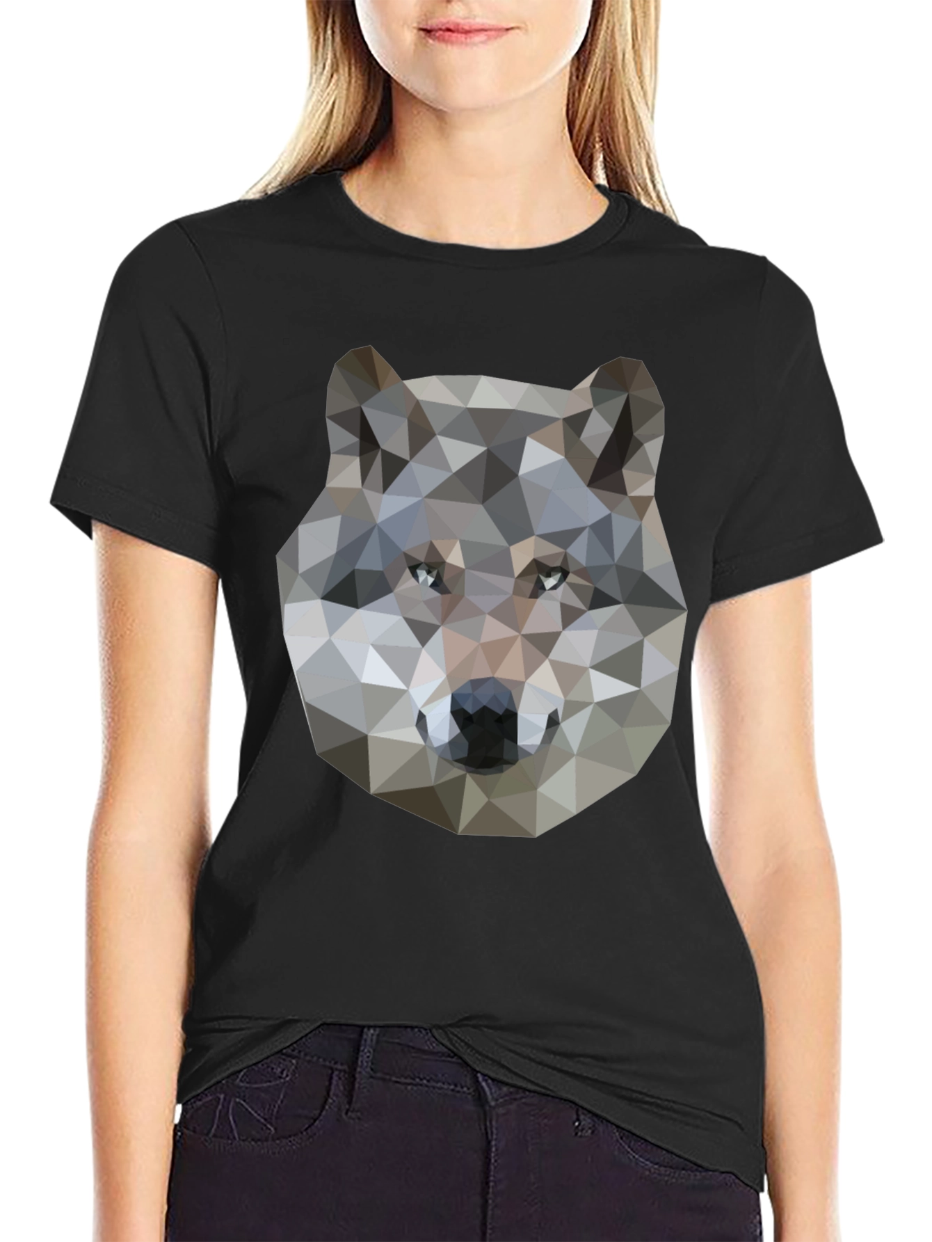 Geometric Wolf Graphic Print Black T-Shirt