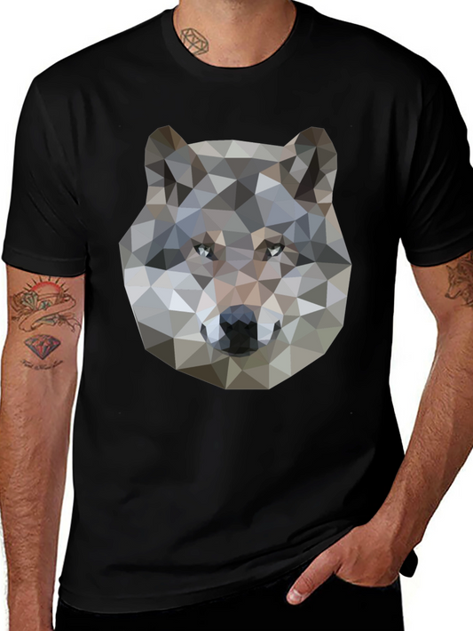 Geometric Wolf Graphic Print Black T-Shirt