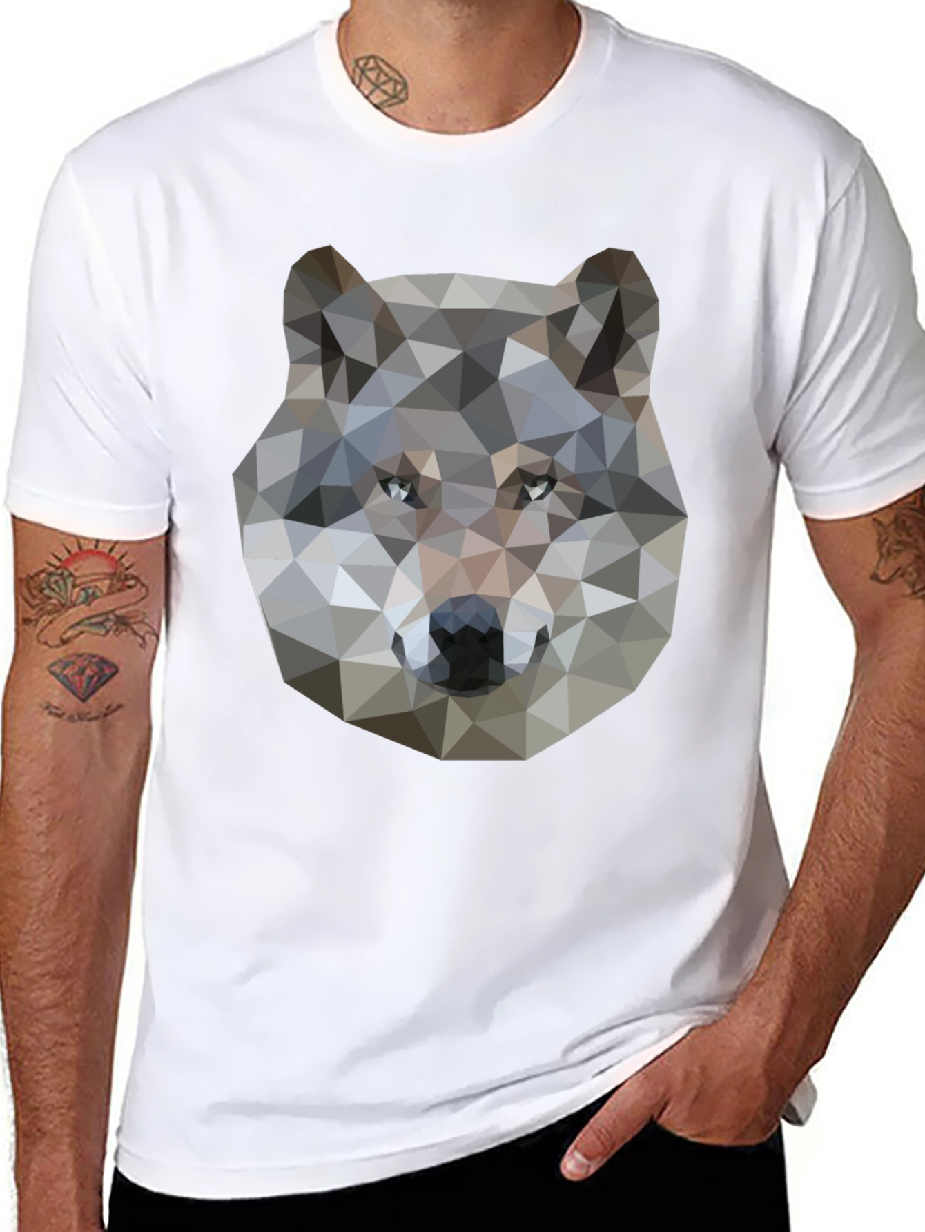 Geometric Wolf Graphic Print Black T-Shirt