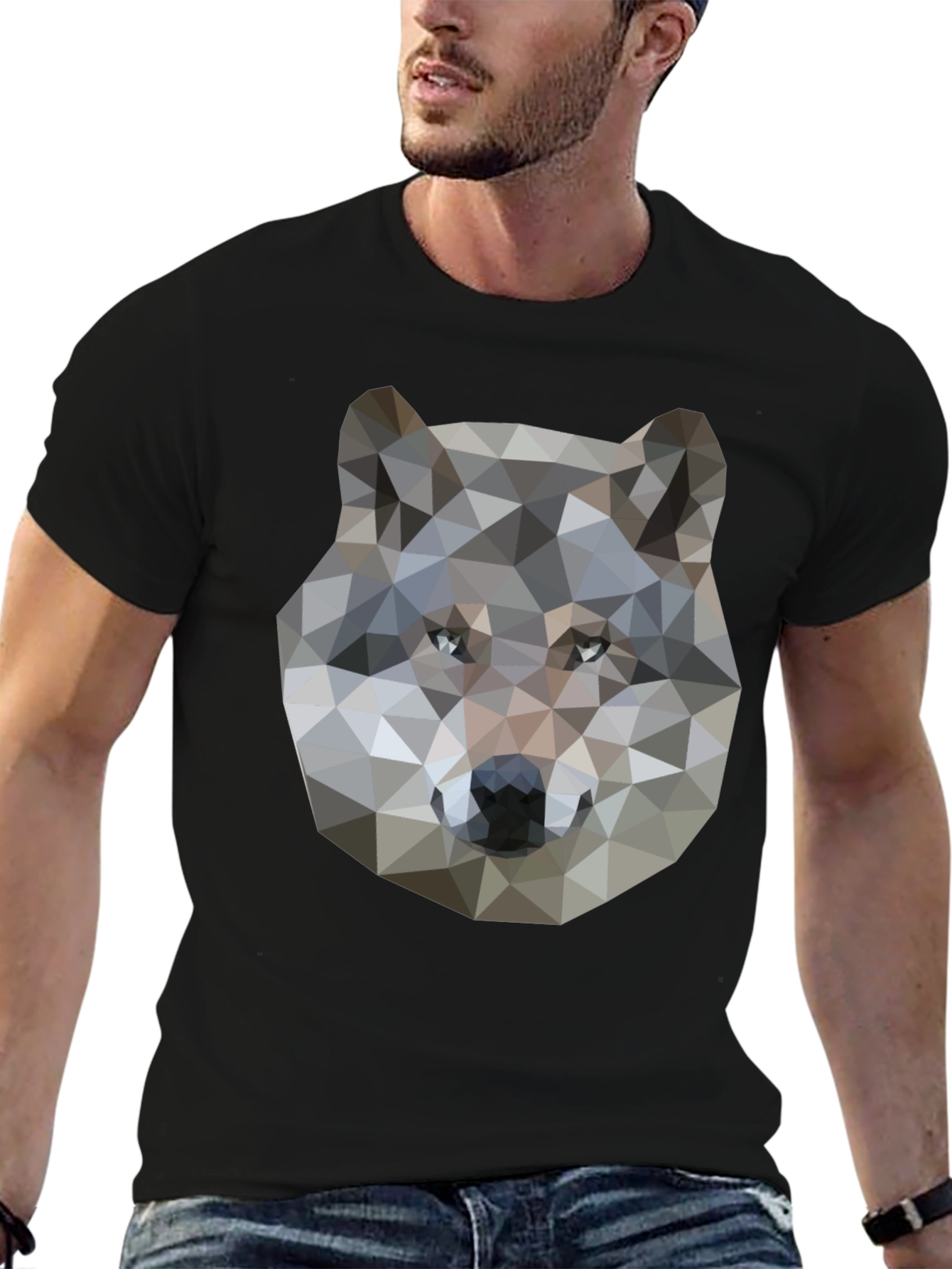 Geometric Wolf Graphic Print Black T-Shirt