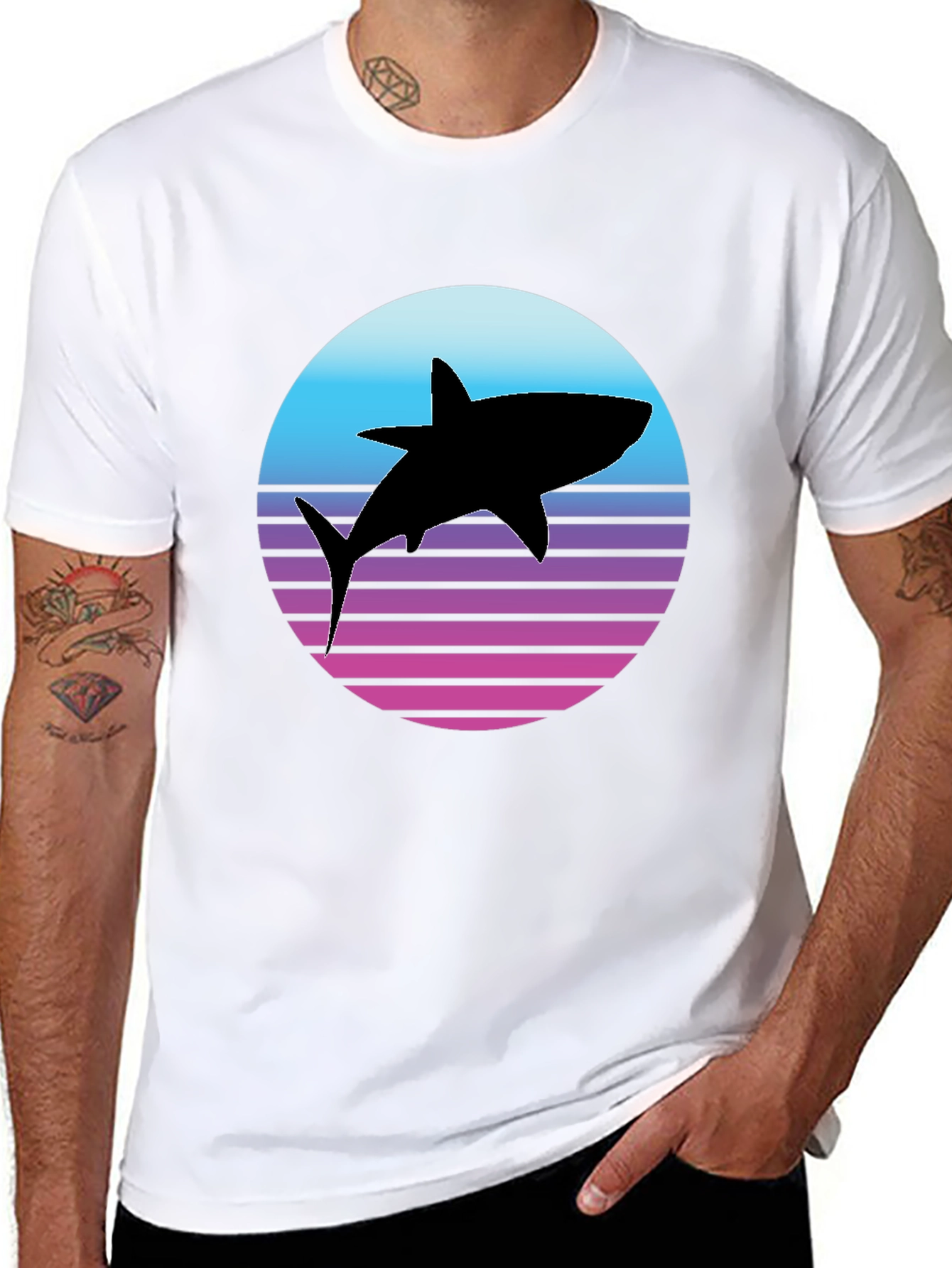 Retro Shark Graphic Tee - Black Cotton T-Shirt