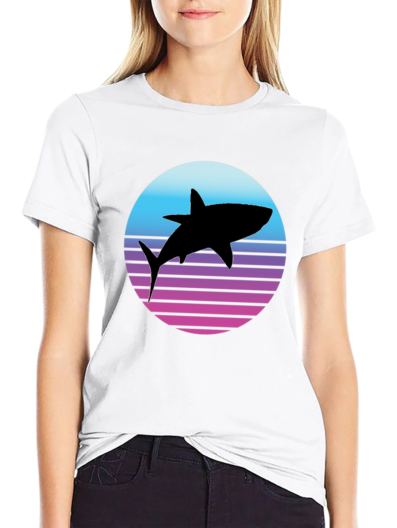 Retro Shark Graphic Tee - Black Cotton T-Shirt