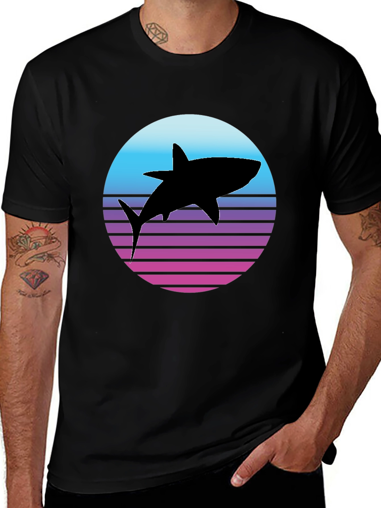 Retro Shark Graphic Tee - Black Cotton T-Shirt