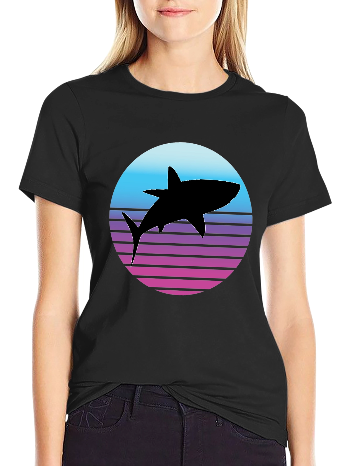 Retro Shark Graphic Tee - Black Cotton T-Shirt