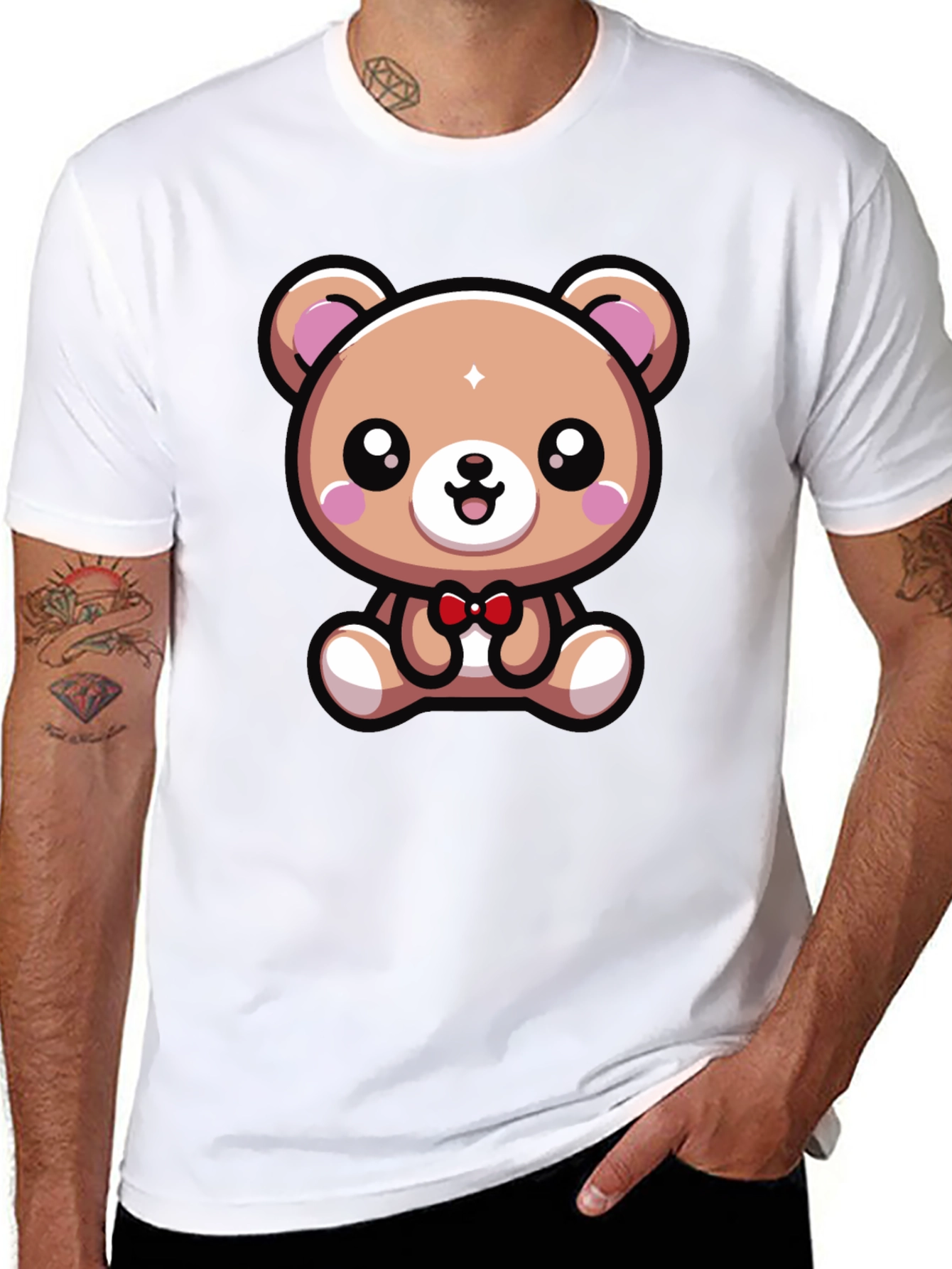 Cute Cartoon Bear Graphic Tee - Black