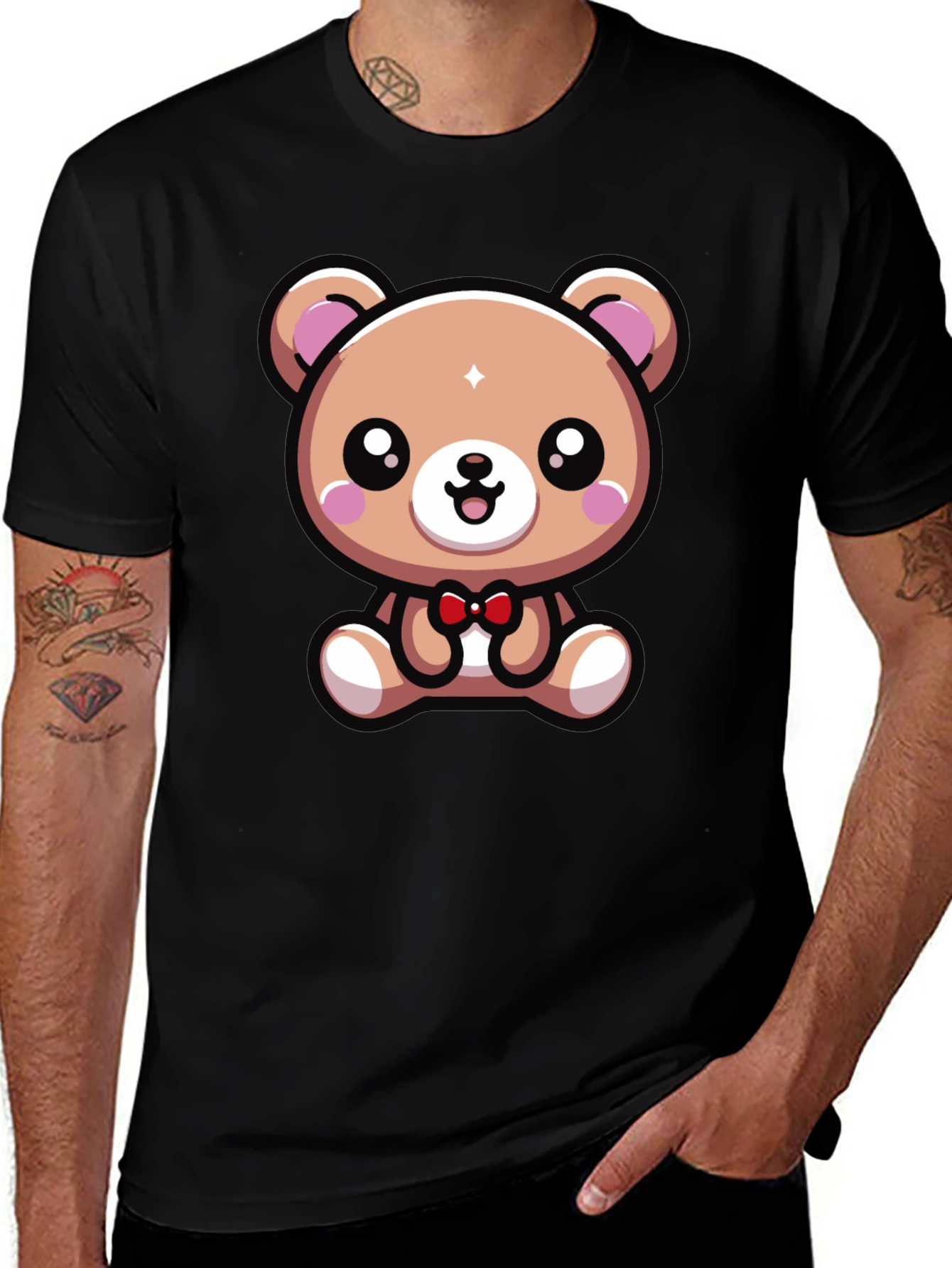 Cute Cartoon Bear Graphic Tee - Black