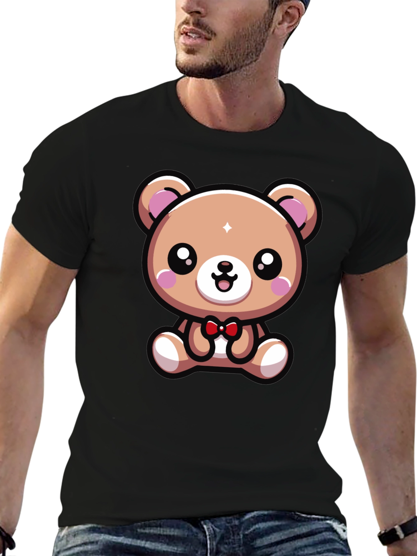 Cute Cartoon Bear Graphic Tee - Black