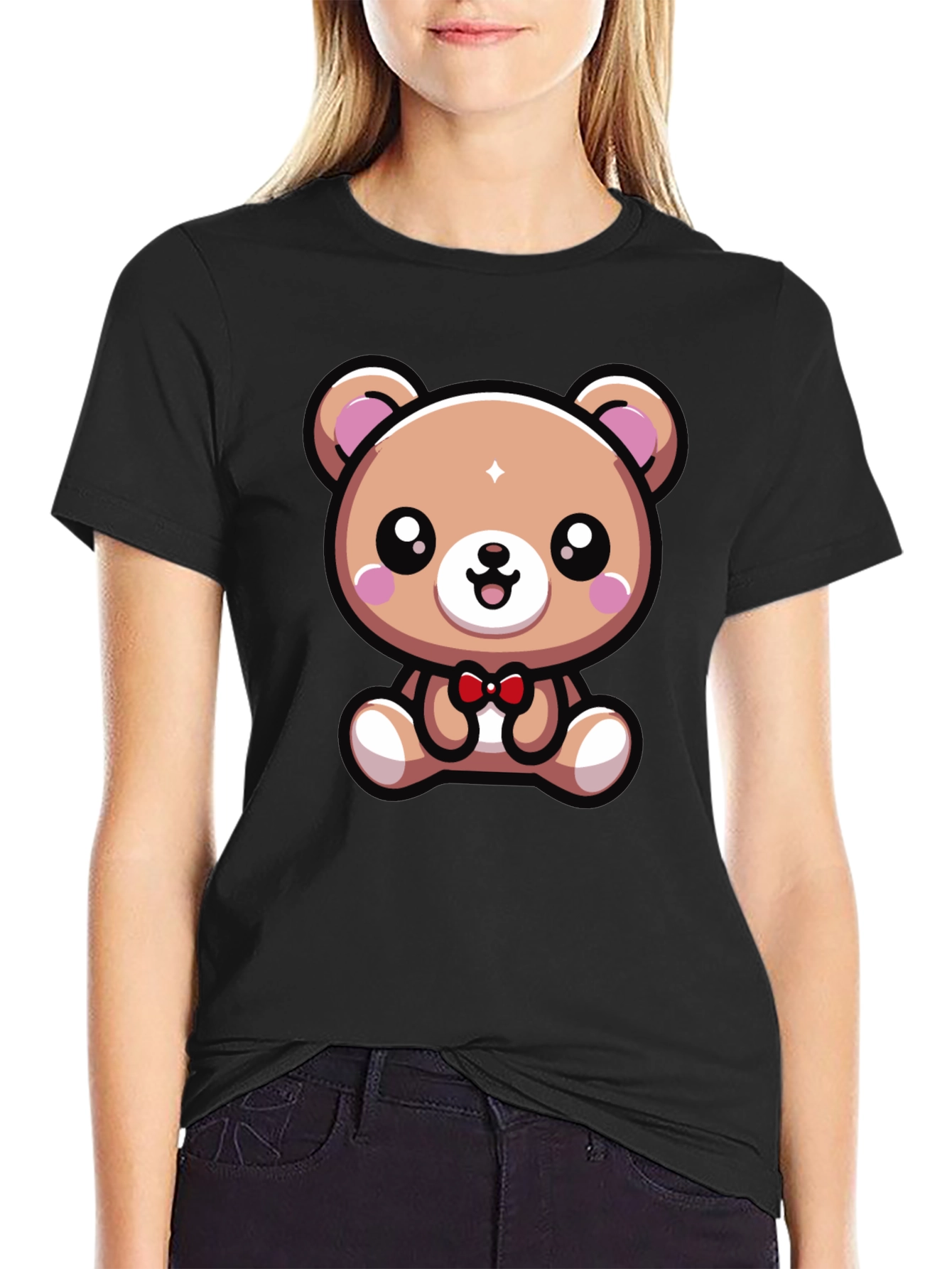 Cute Cartoon Bear Graphic Tee - Black