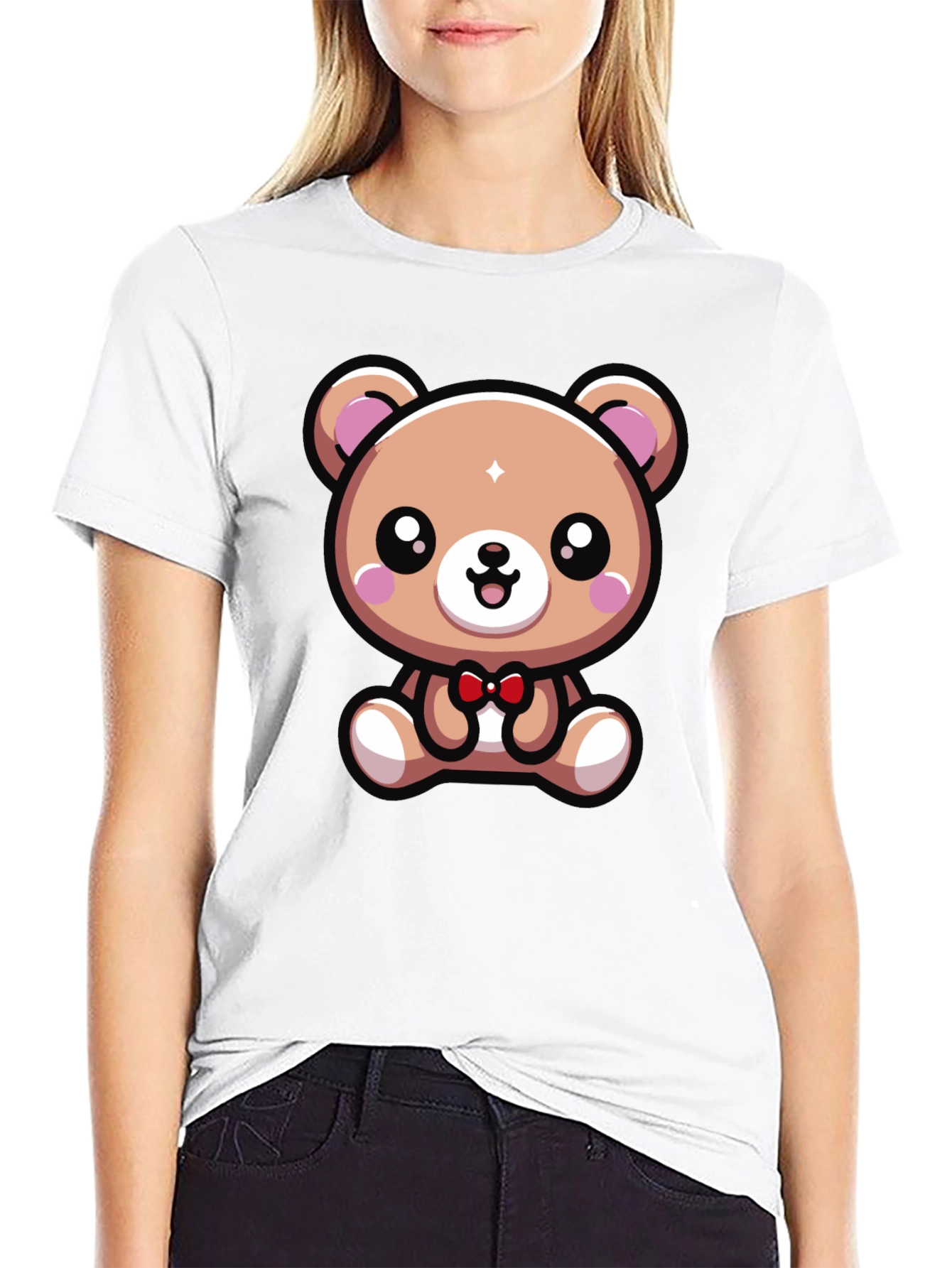 Cute Cartoon Bear Graphic Tee - Black