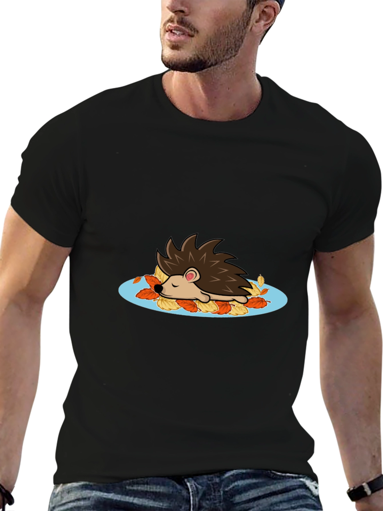 Cute Hedgehog in Leaves Graphic Tee
