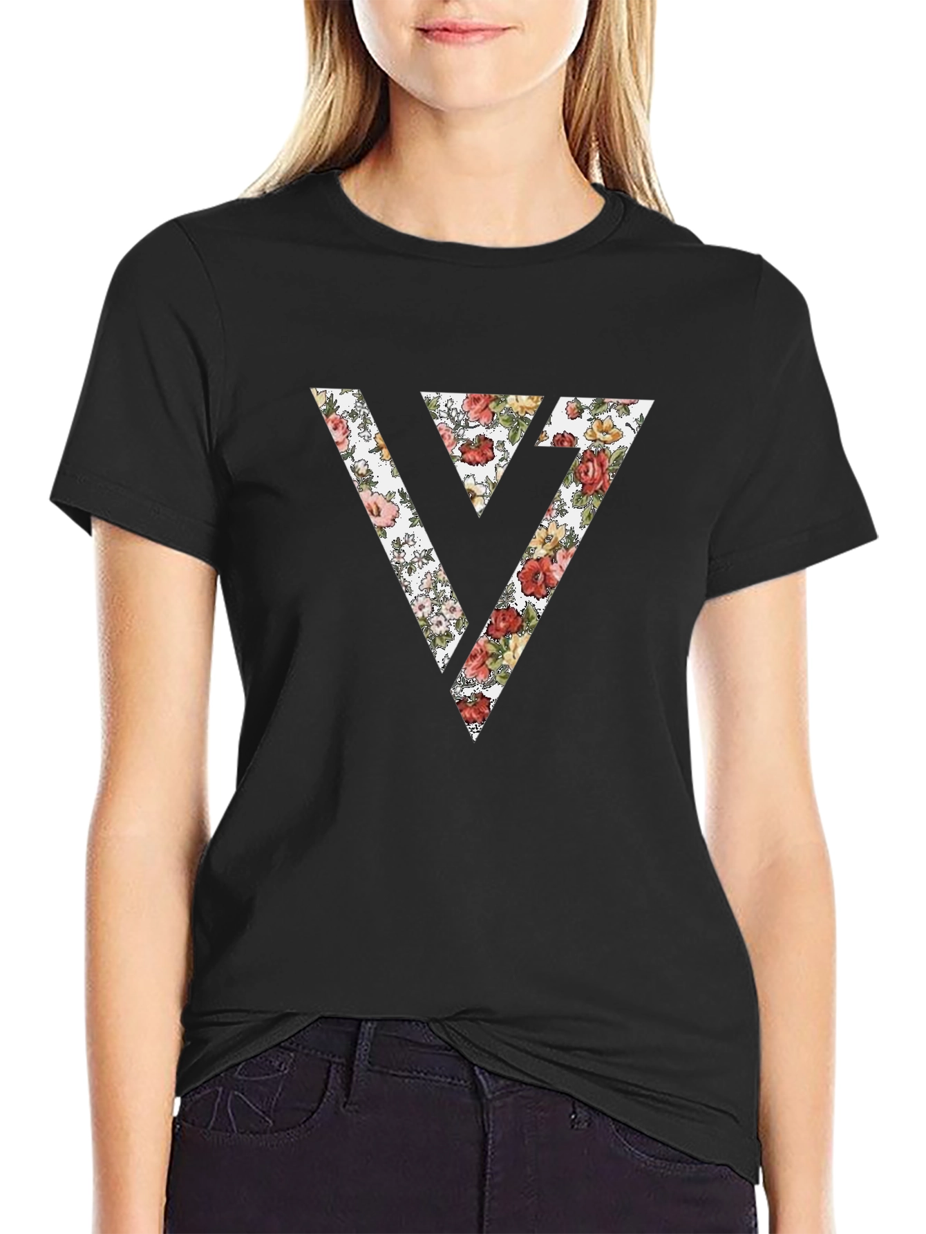 Floral Seventeen T-Shirt - Black Cotton Blend