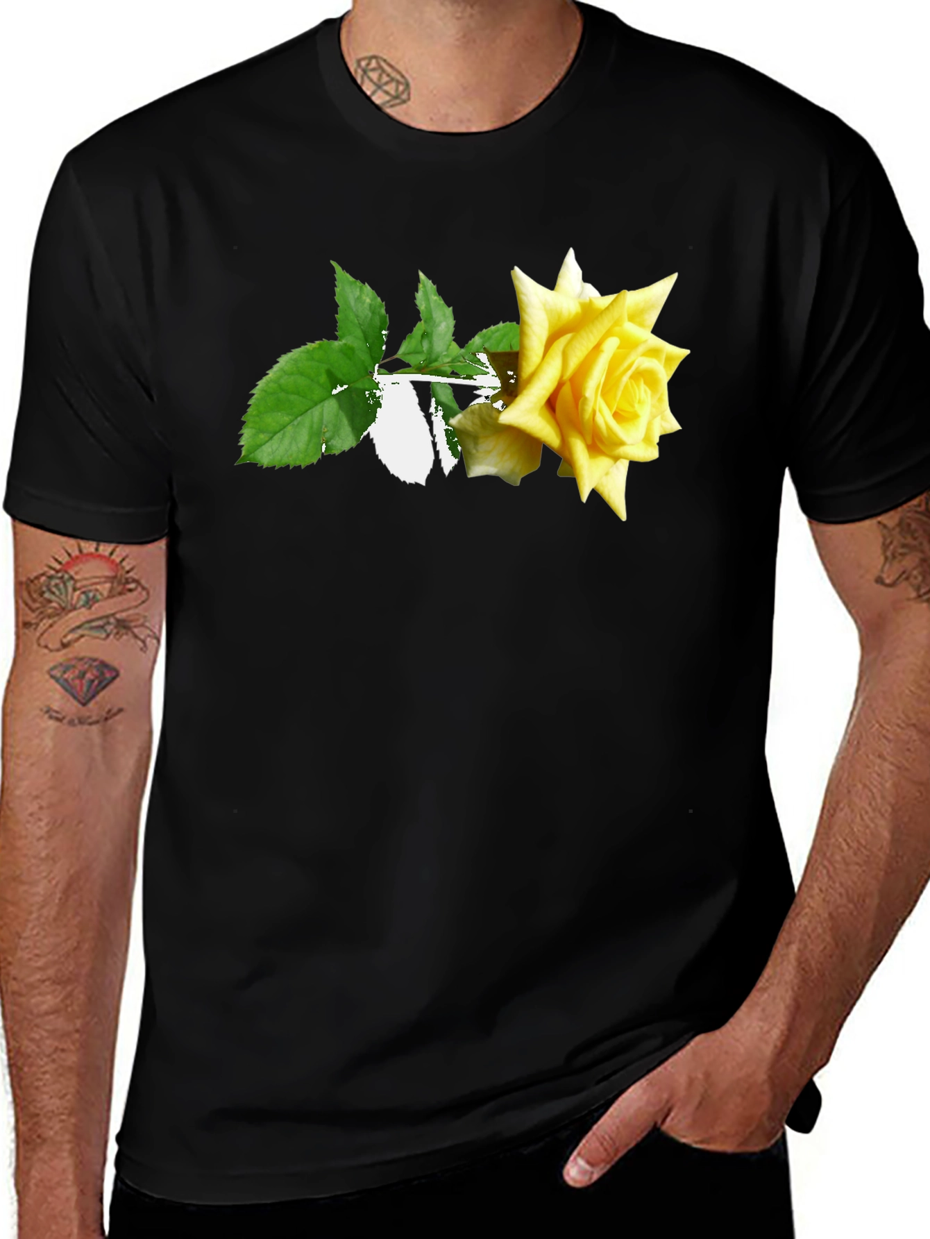 Black T-Shirt with Yellow Rose Graphic