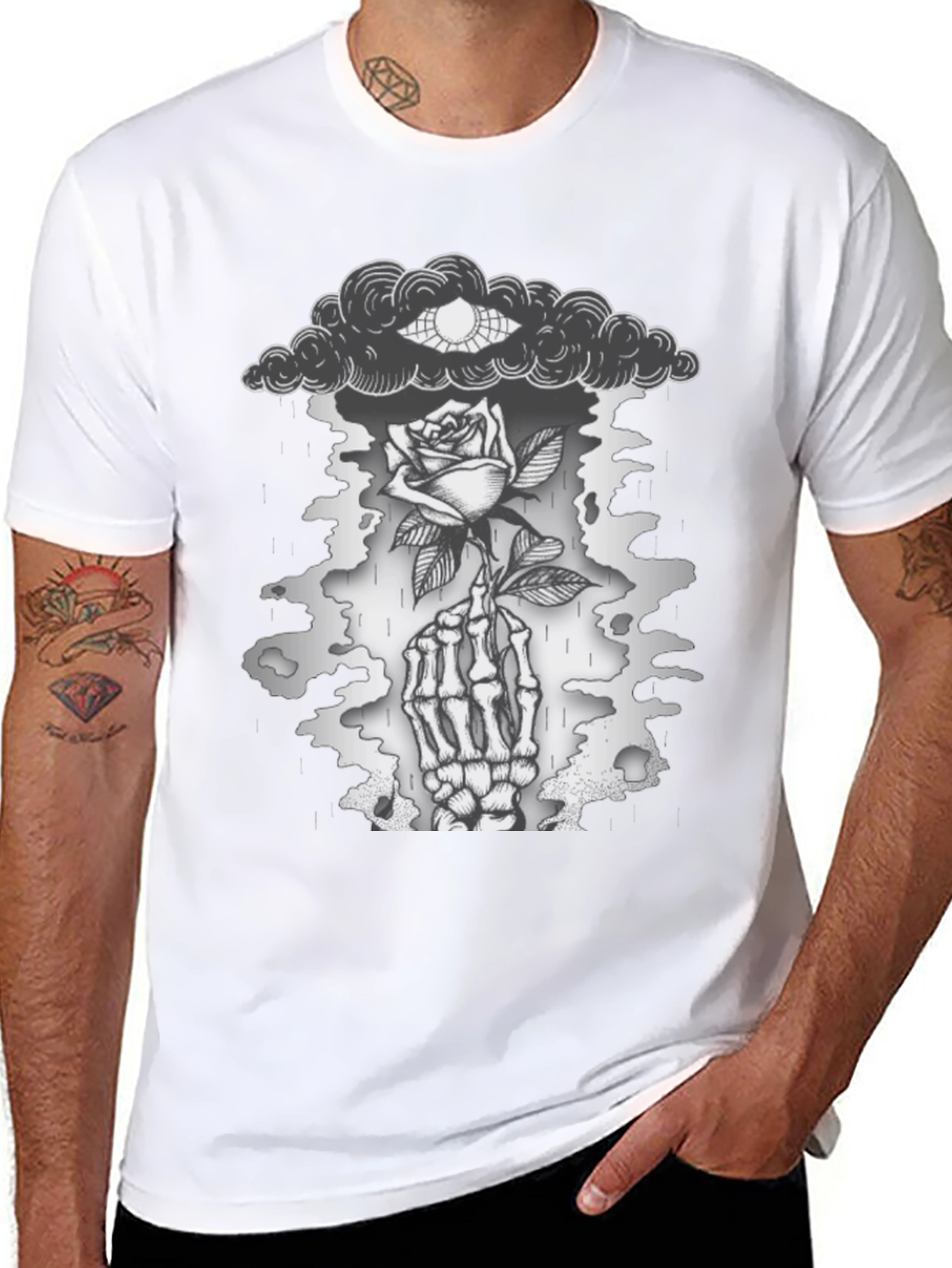 Gothic Rose & Skeleton Hand Graphic T-Shirt