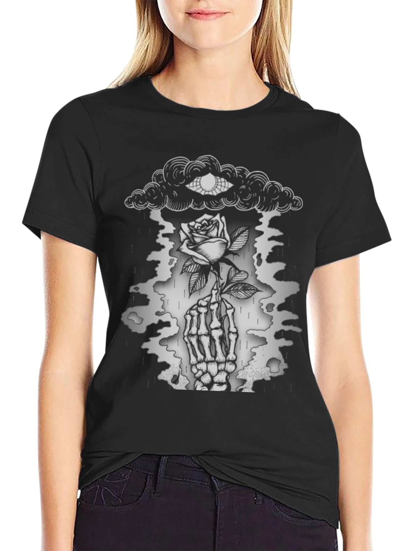 Gothic Rose & Skeleton Hand Graphic T-Shirt