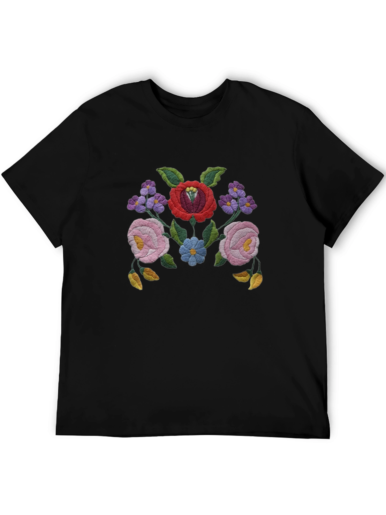 Floral Embroidered Black T-Shirt