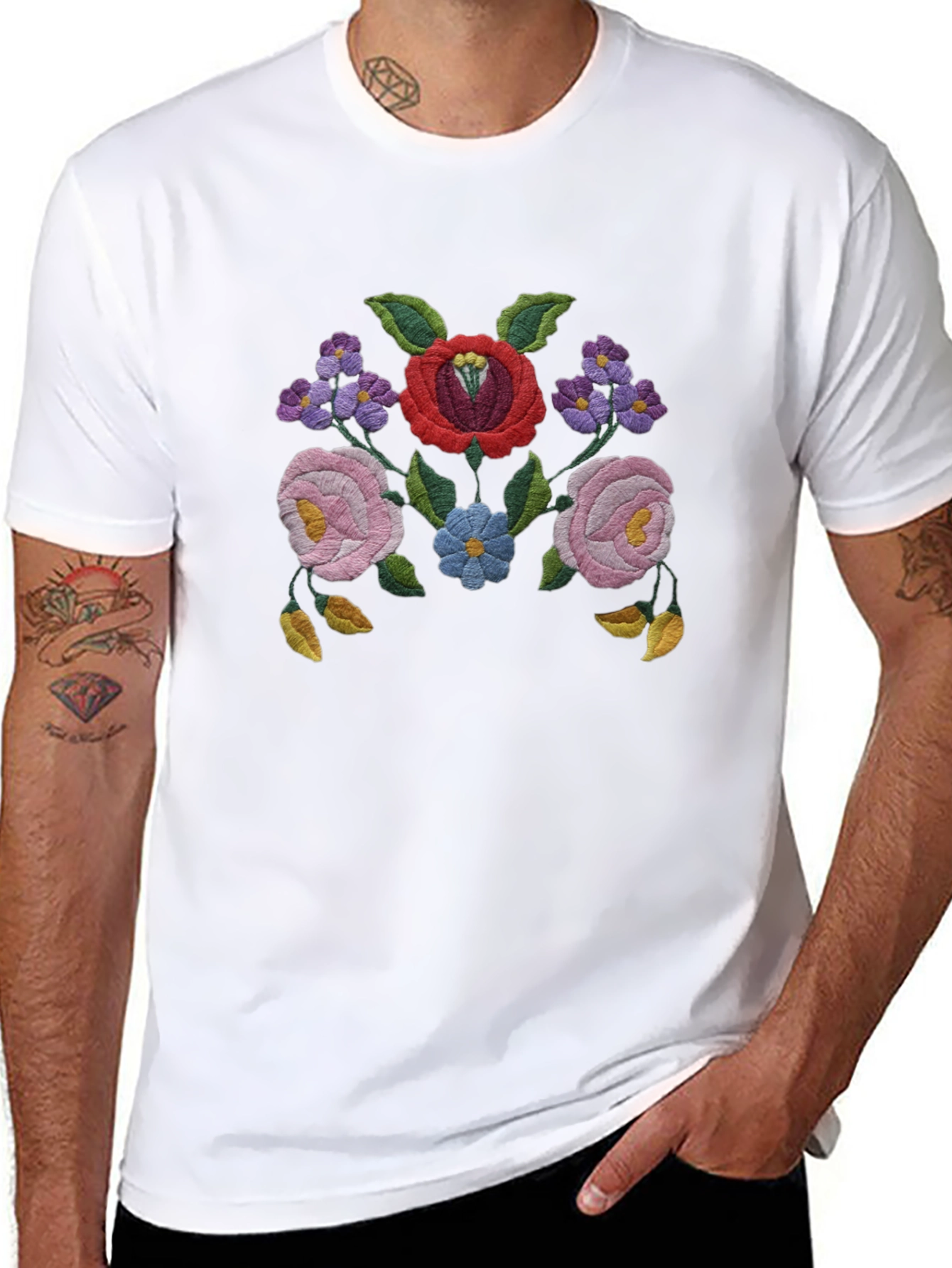 Floral Embroidered Black T-Shirt