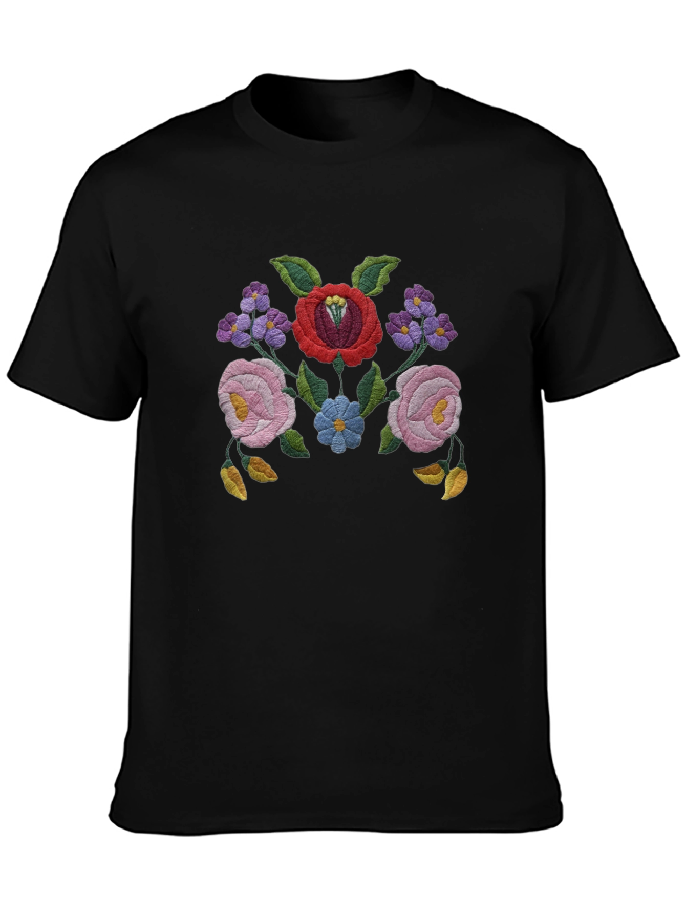 Floral Embroidered Black T-Shirt