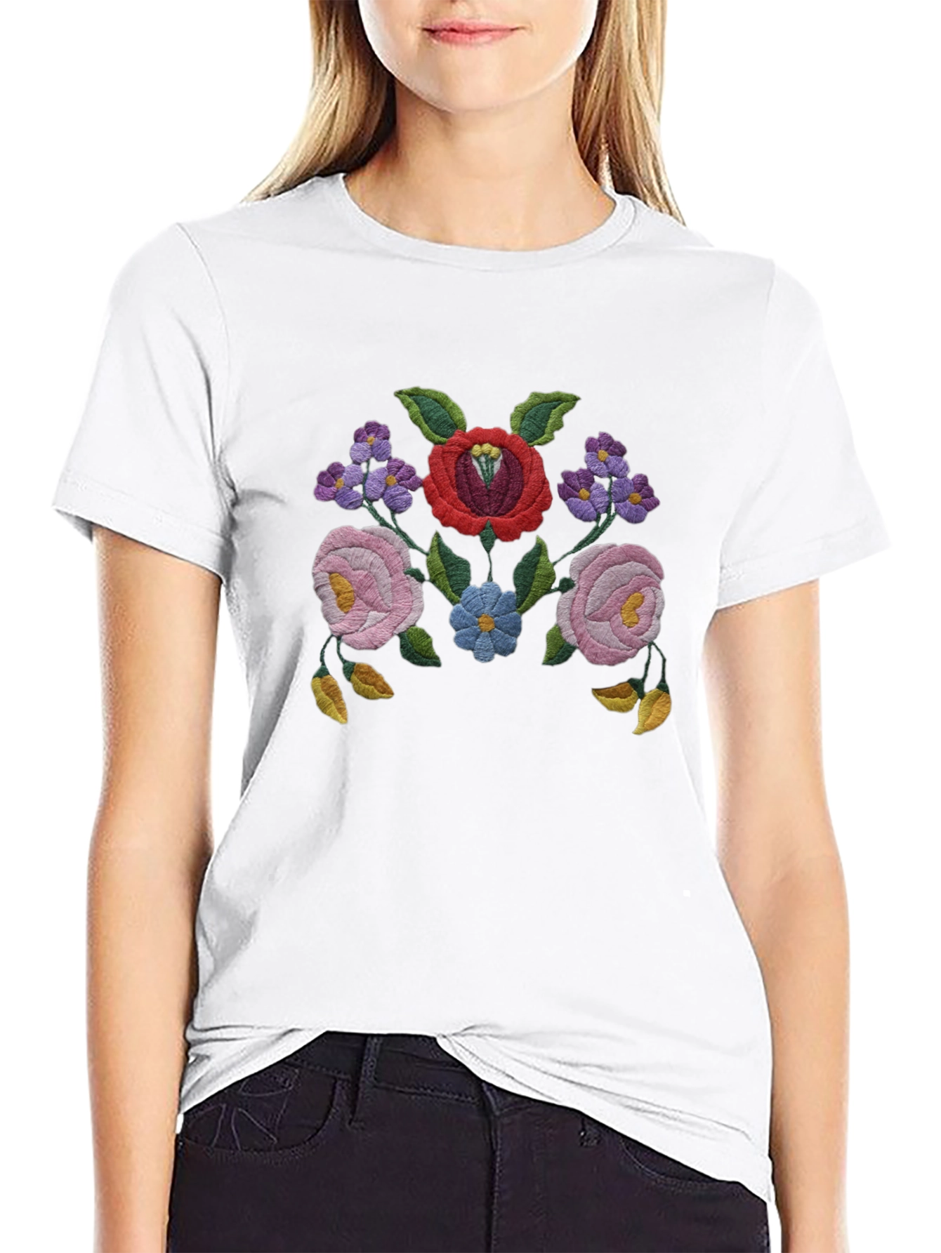 Floral Embroidered Black T-Shirt