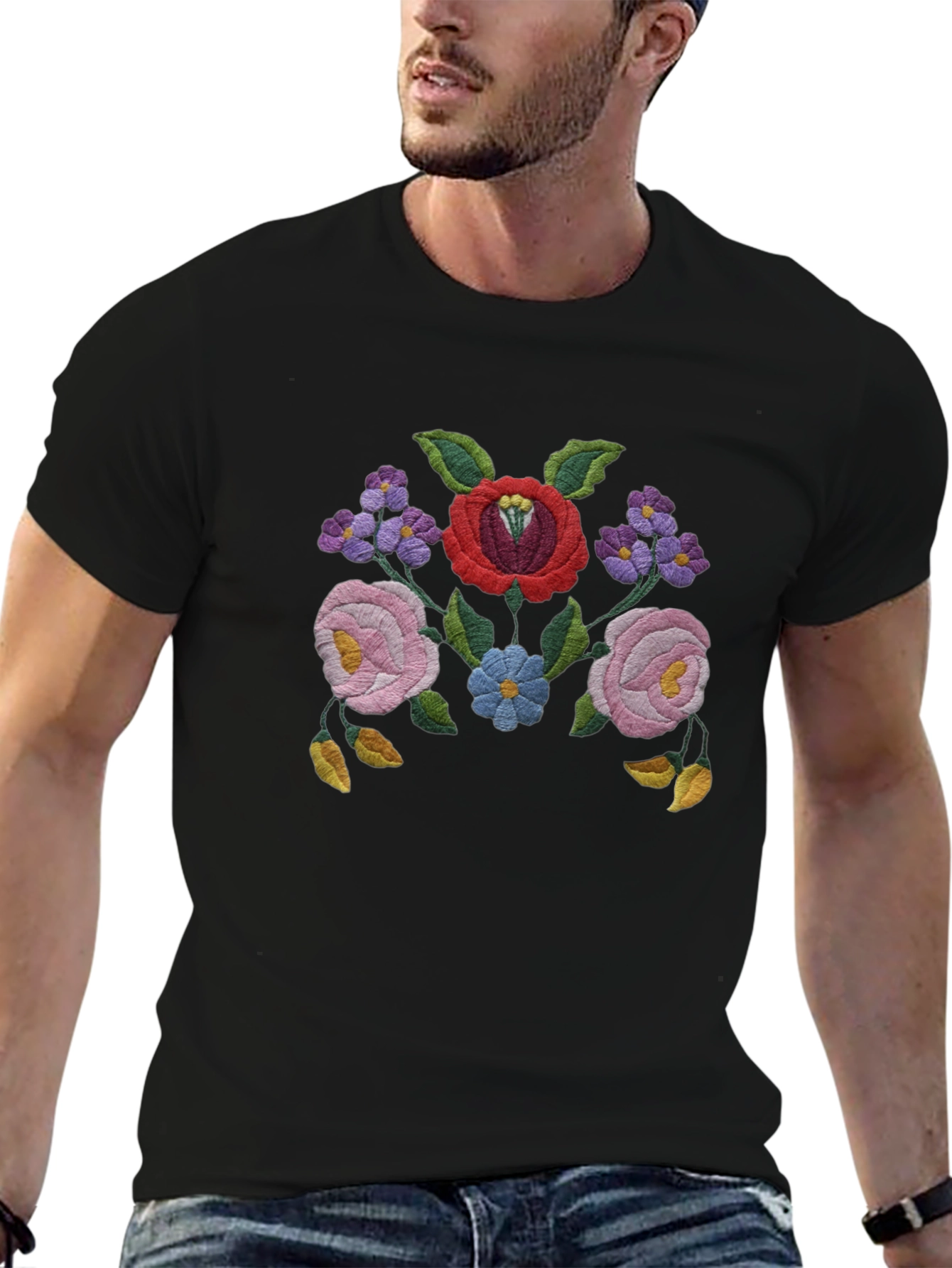 Floral Embroidered Black T-Shirt