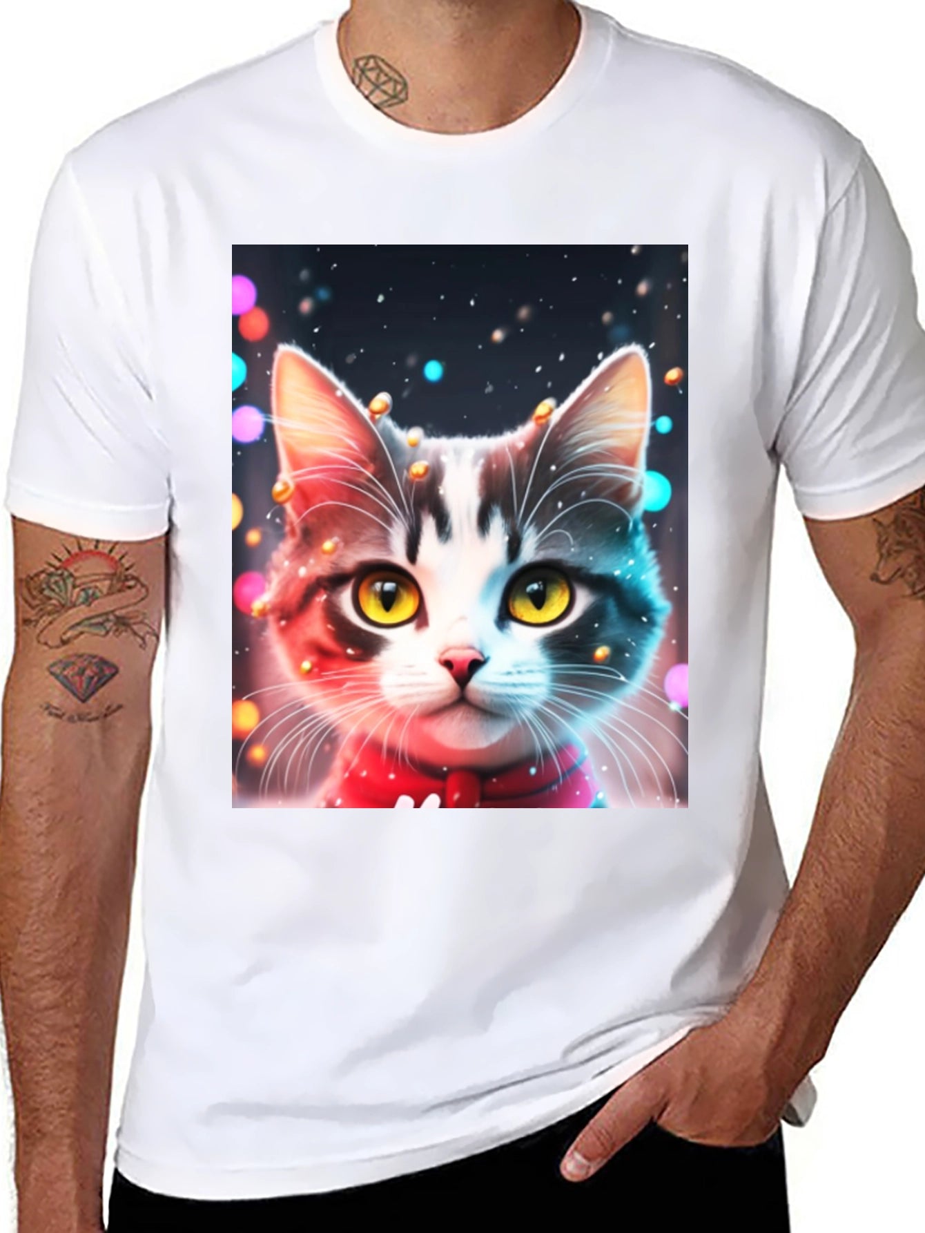 Festive Cat T-Shirt - Black Crew Neck