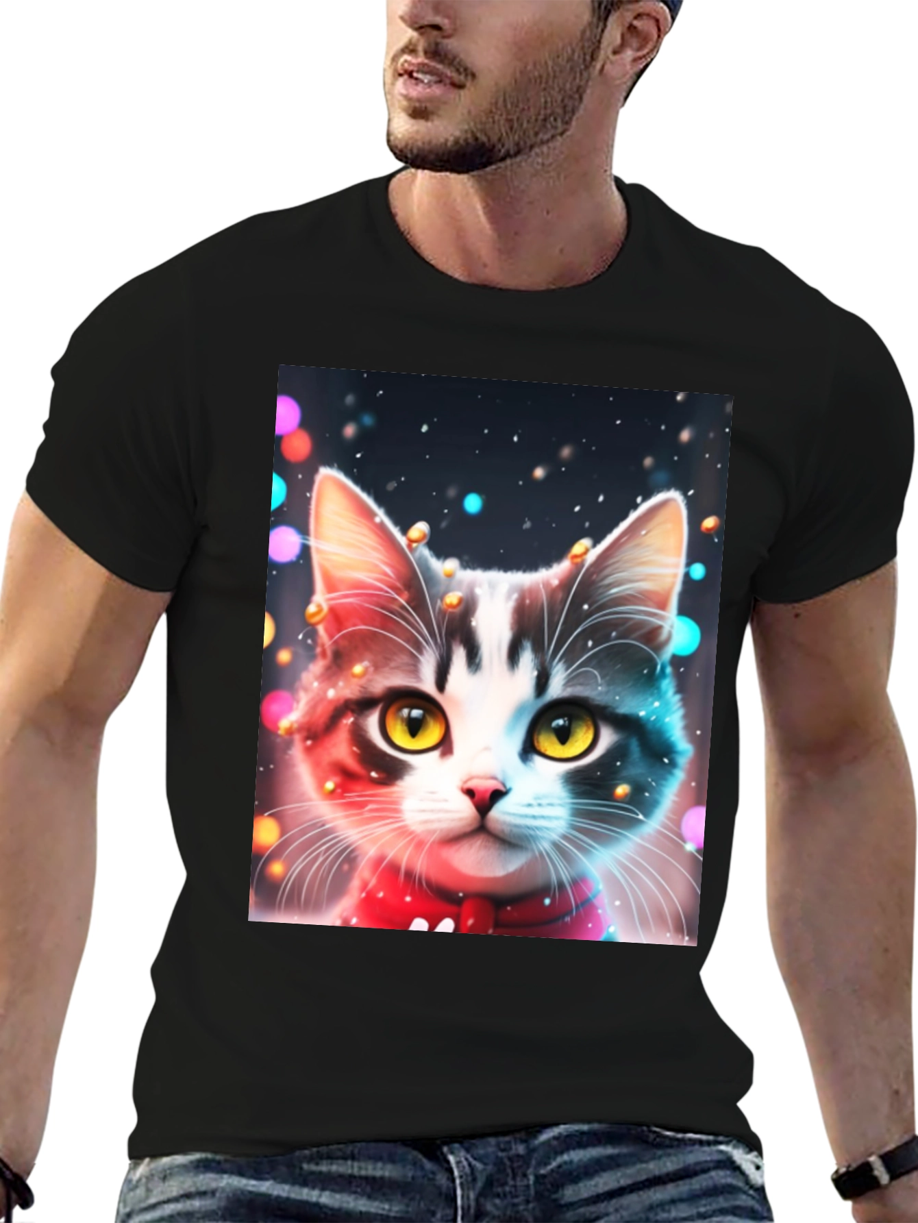 Festive Cat T-Shirt - Black Crew Neck