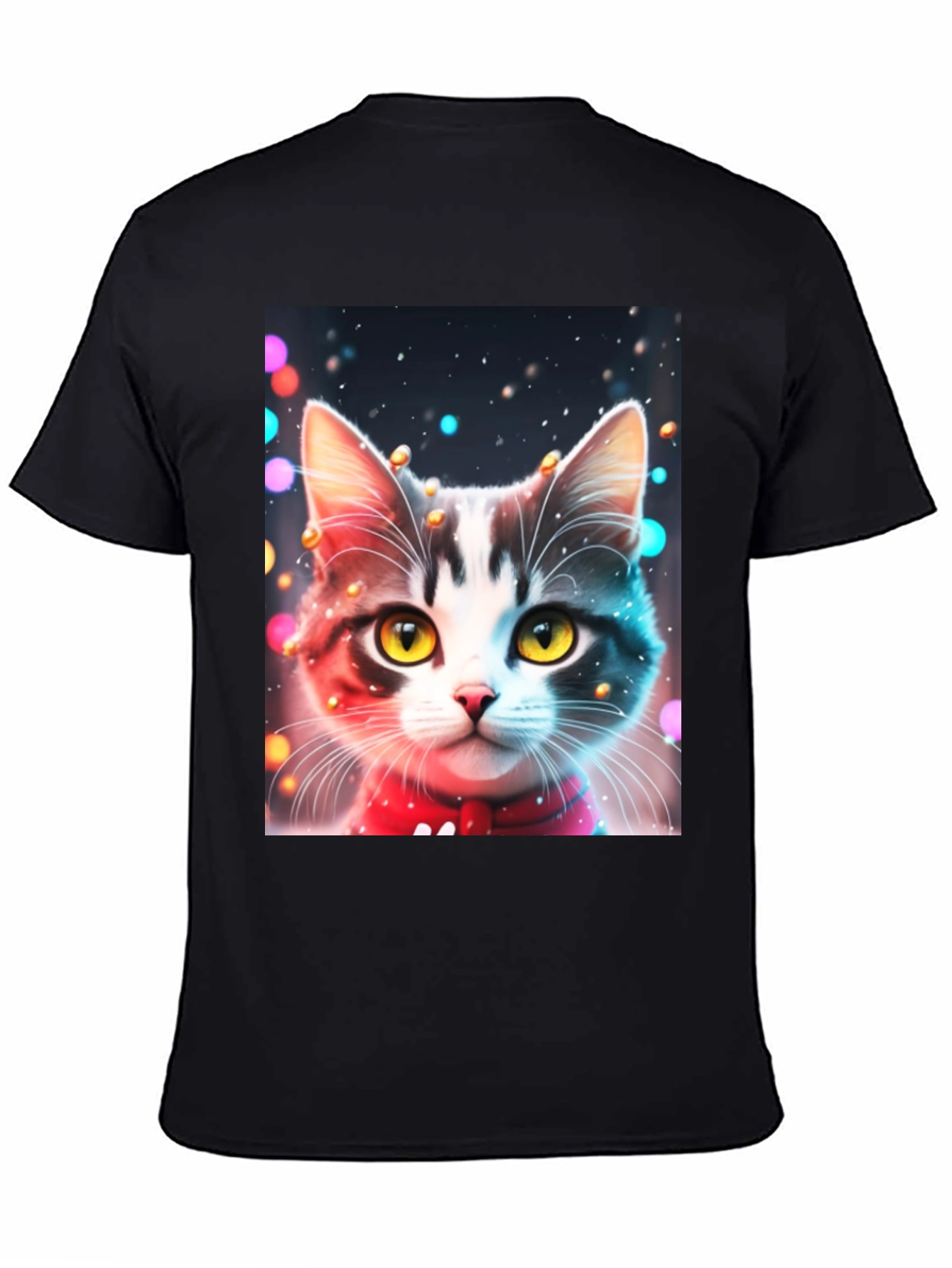 Festive Cat T-Shirt - Black Crew Neck