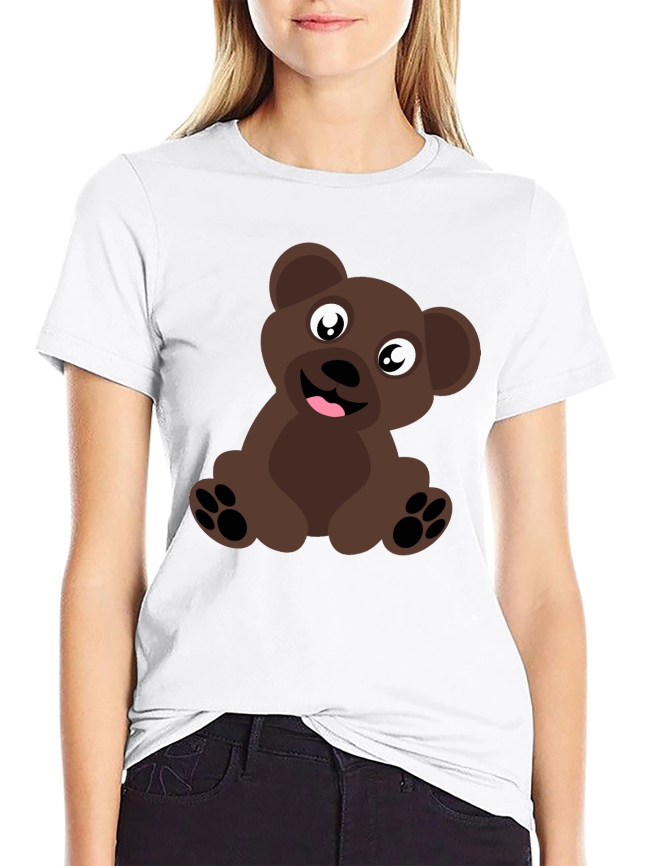 Cute Cartoon Brown Bear Black T-Shirt