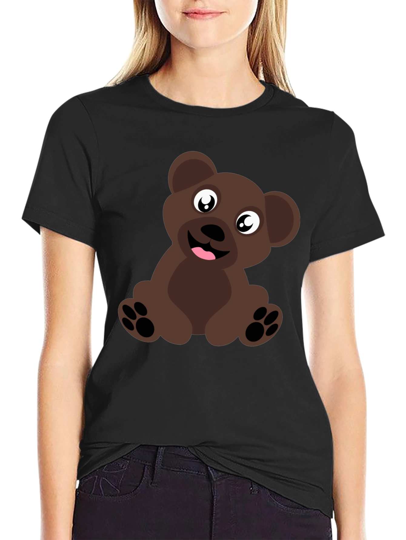 Cute Cartoon Brown Bear Black T-Shirt