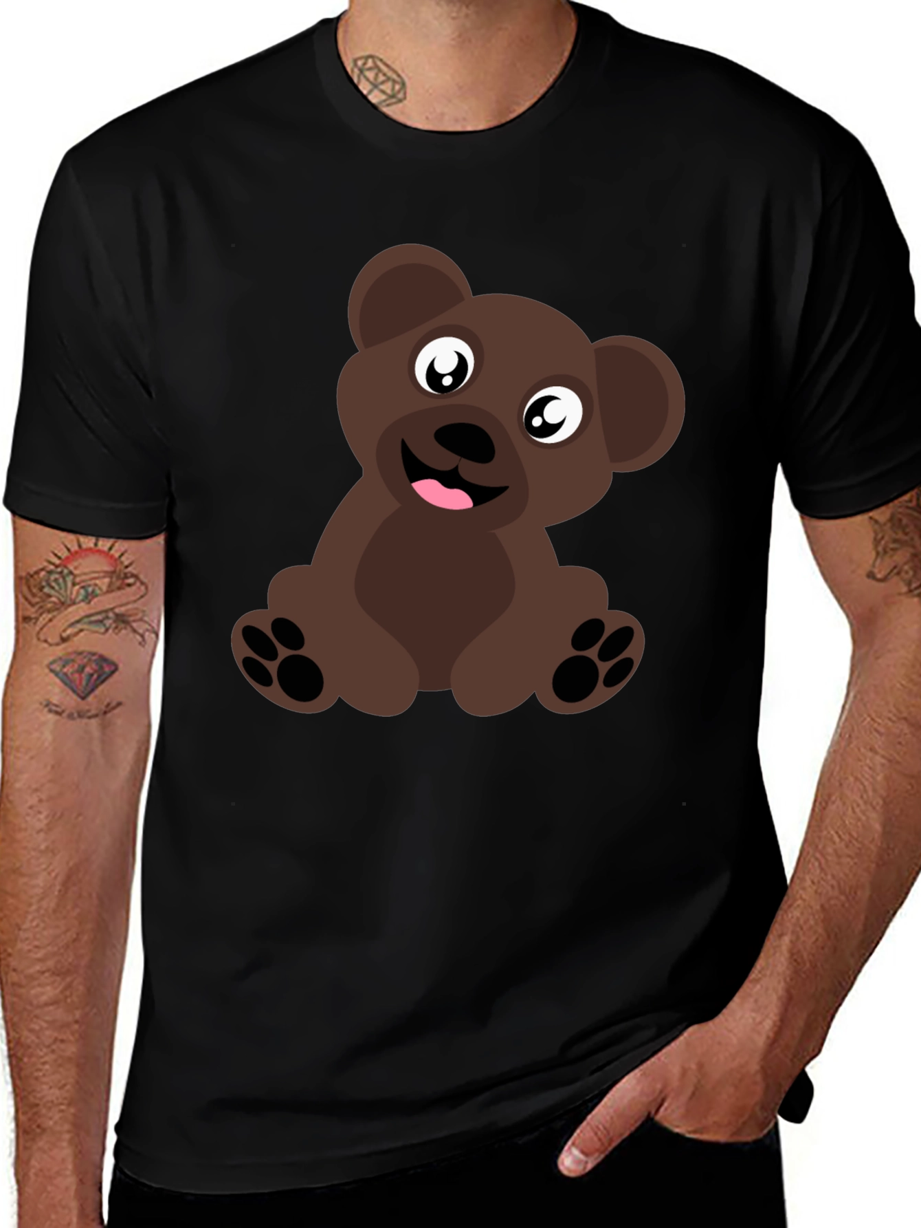 Cute Cartoon Brown Bear Black T-Shirt