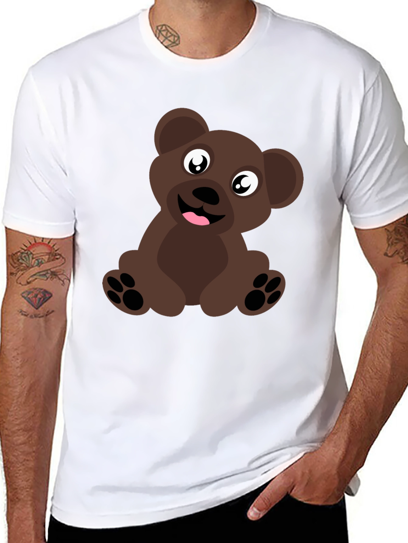 Cute Cartoon Brown Bear Black T-Shirt