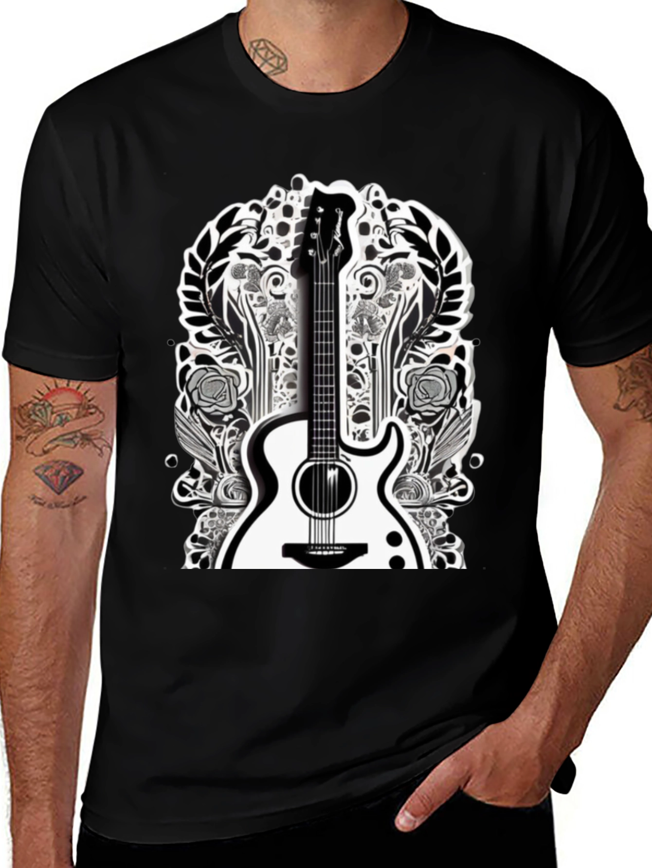 Guitar Floral Graphic Tee - Black