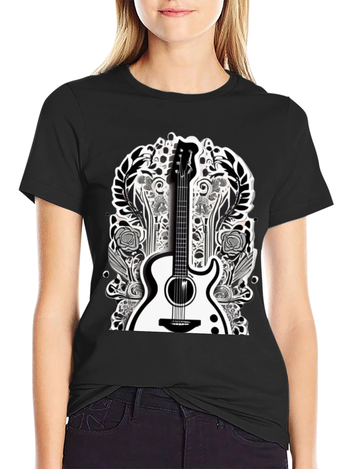 Guitar Floral Graphic Tee - Black