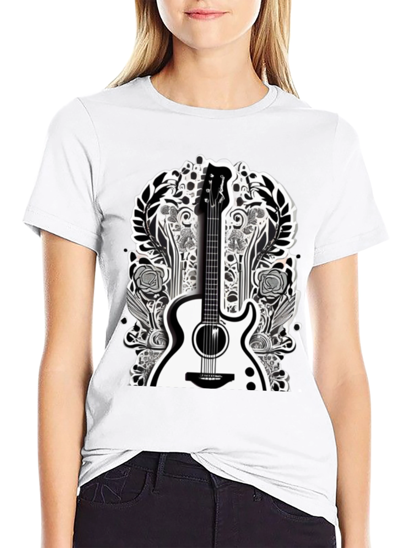 Guitar Floral Graphic Tee - Black